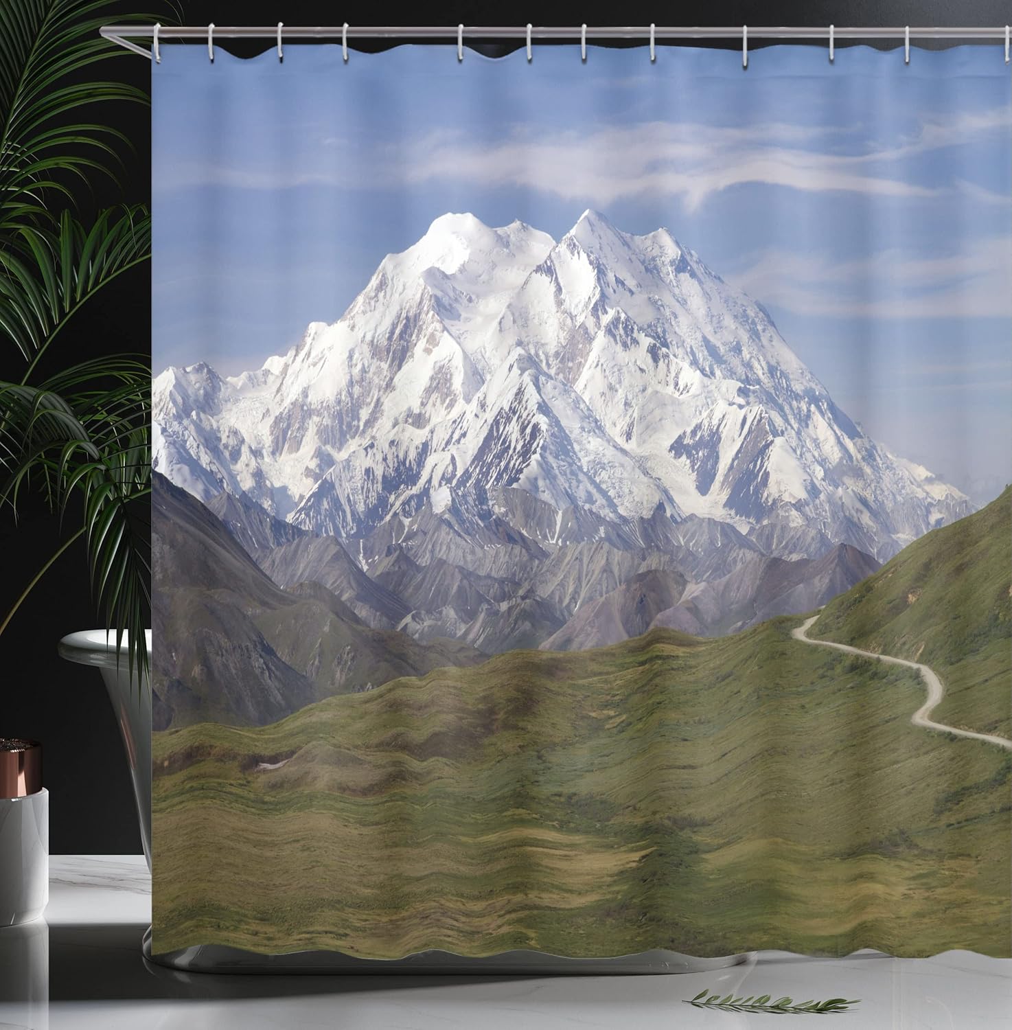 Ambesonne Alaska Shower Curtain, McKinley Mountain in Denali National Park in Alaska Scenic Landscape, Cloth Fabric Bathroom Decor Set with Hooks, 69" W x 70" L, Fern Green Sky Blue