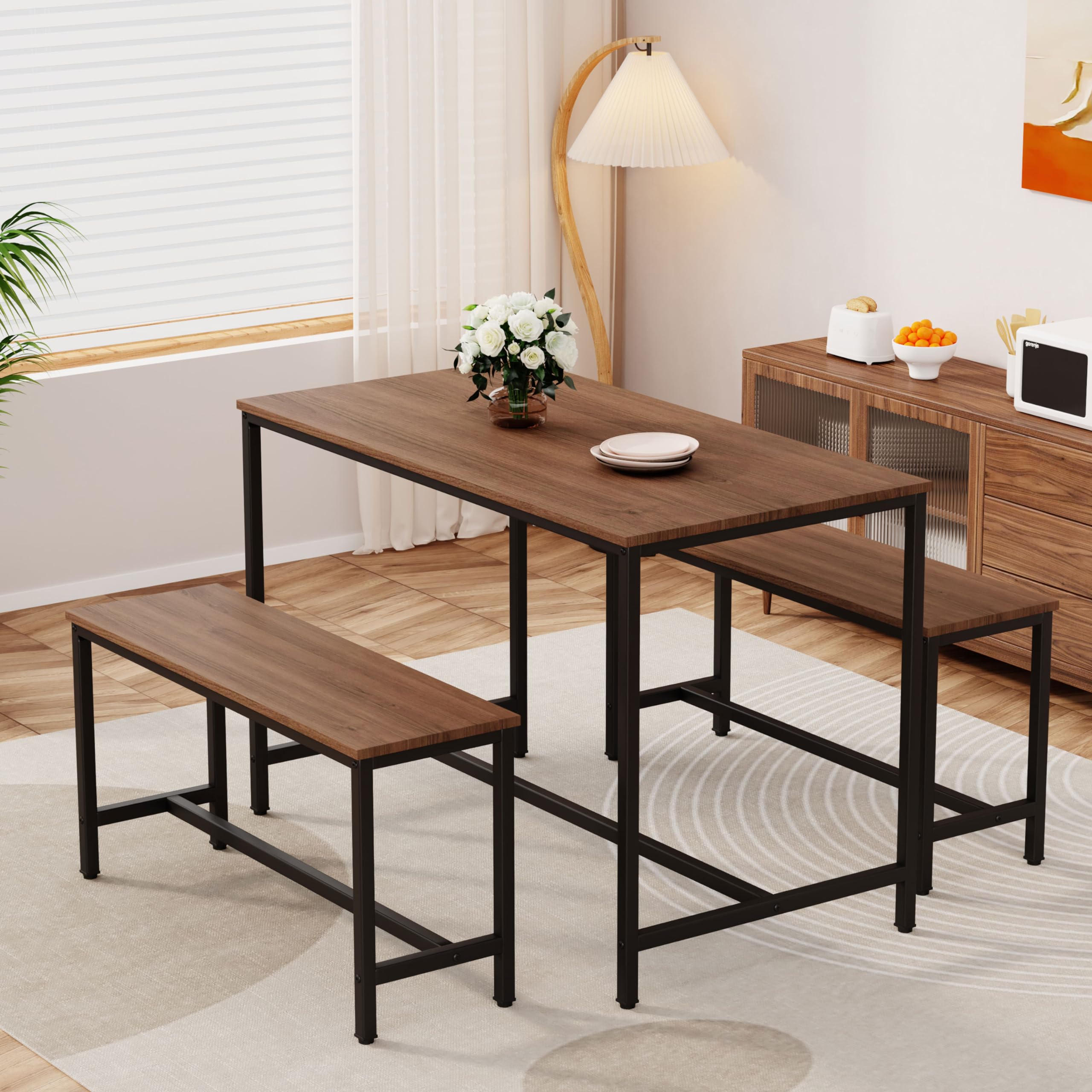 3 Pcs 44" Dining Table for 4, Extendable Dining Room Rectangle Table with 2 Benches, Mid Century-Modern Kitchen Table Set for Kitchen, Living Room, and Small Space, Easy Clean, Brown