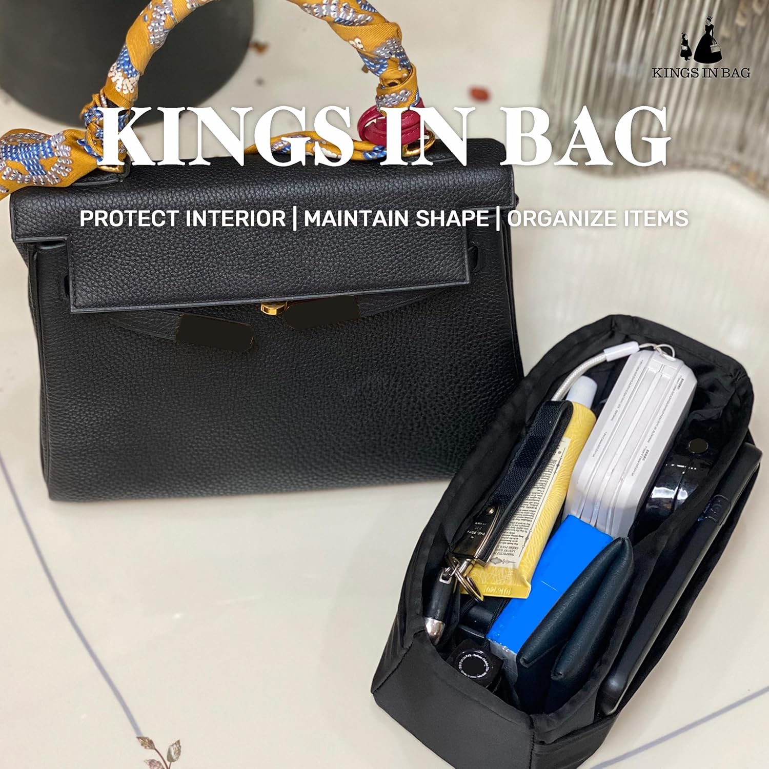 Women's Purse Organizer Insert - Satin & Lightweight Fabric with Inside Pockets, Portable for Commute, Travel, Shopping, and Evening, Multicolor Options, Fits for Kelly 25(Black, KL25 Retourné) - Image 2