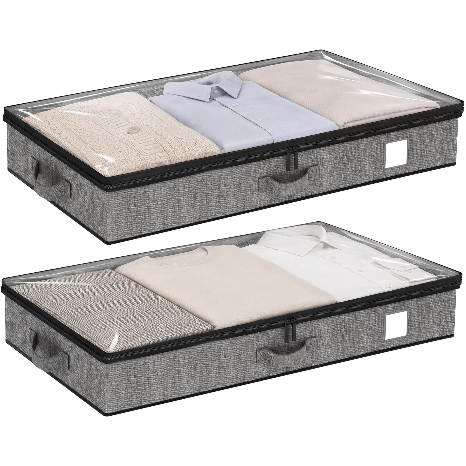 Fixwal Contenitori sotto il letto, confezione da 2 organizer a basso profilo con pareti laterali robuste/sacchetti antipolvere inferiori e coperchio superiore trasparente per massimizzare lo spazio