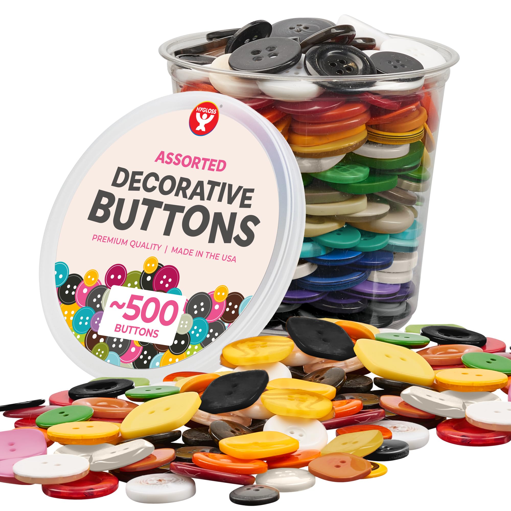 Hygloss 5516 Bucket O'Buttons 16-Ounce pot transparent de boutons multicolores de toutes tailles