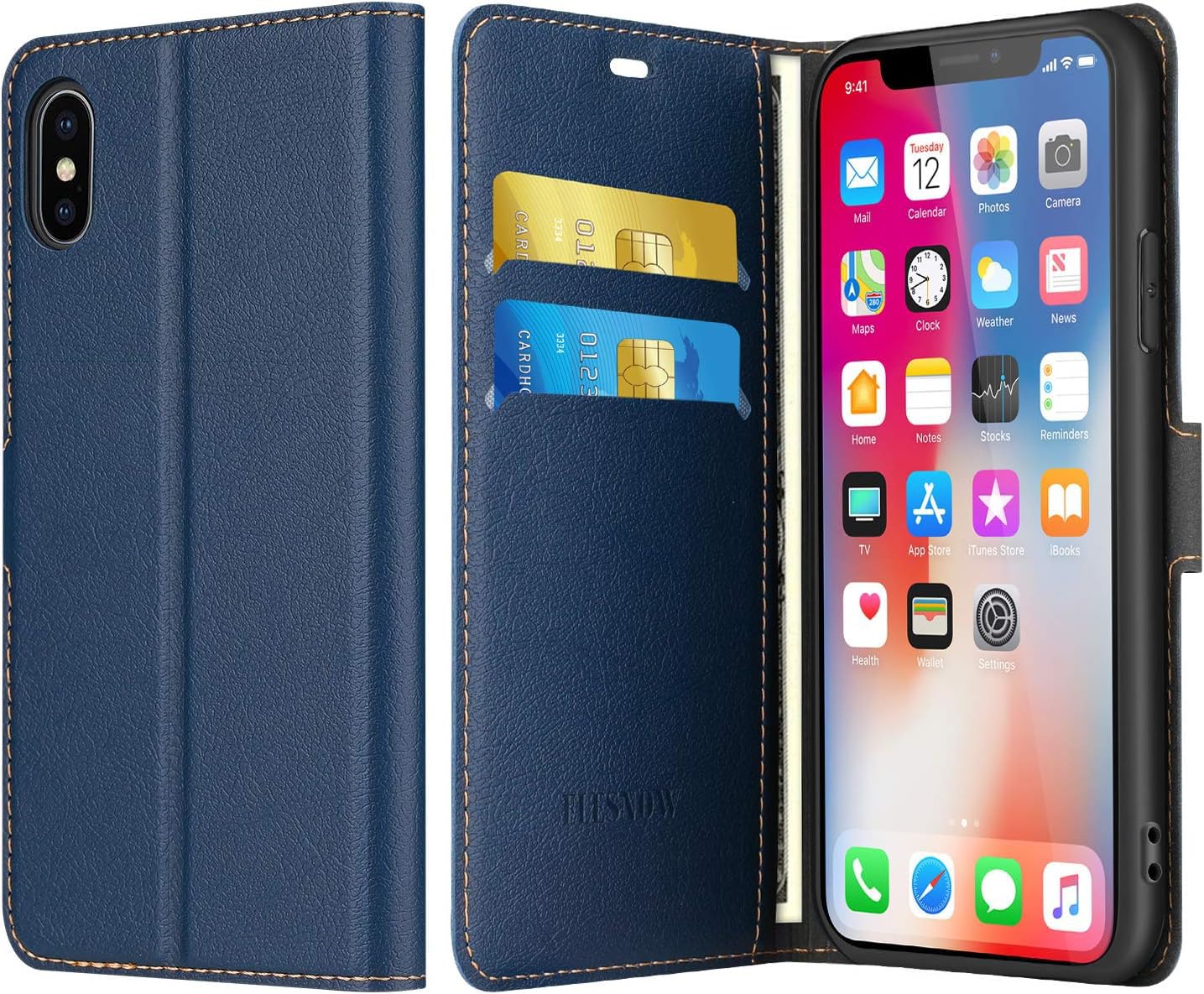 ELESNOW Etui na iPhone X/XS, Premium PU Skórzany Portfel i Przegrody Karty, Składany Magnetyczny Antyuderzeniowy Skrzynia Ochrony Telefonu Komórkowego (Niebieski)