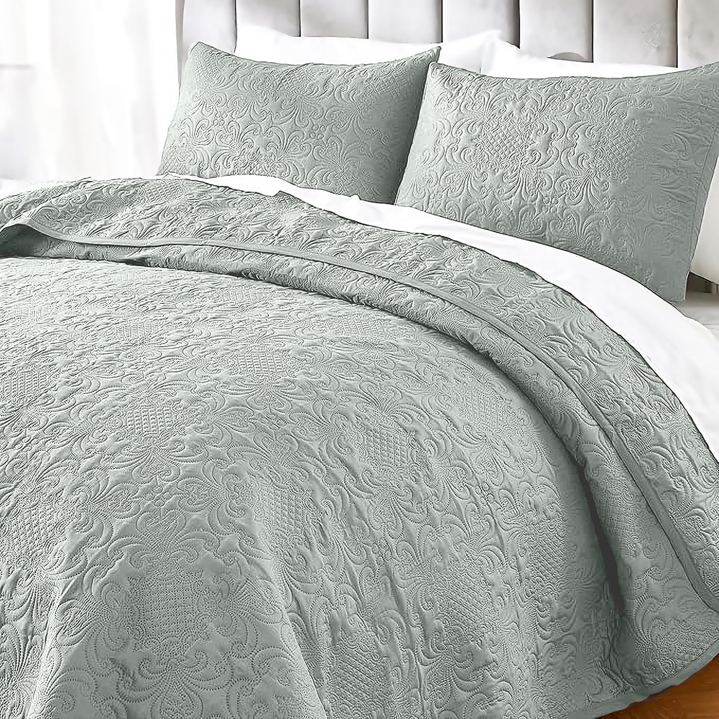 LABHAM - Sensations Bedcover Bedspread Set for King Size for Double Bed 300GSM Micro Peach Super Soft Ultrasonic Quilted Fluffy All Season (90"x108") with 2 Pillow Covers (Pistachio)-image-25