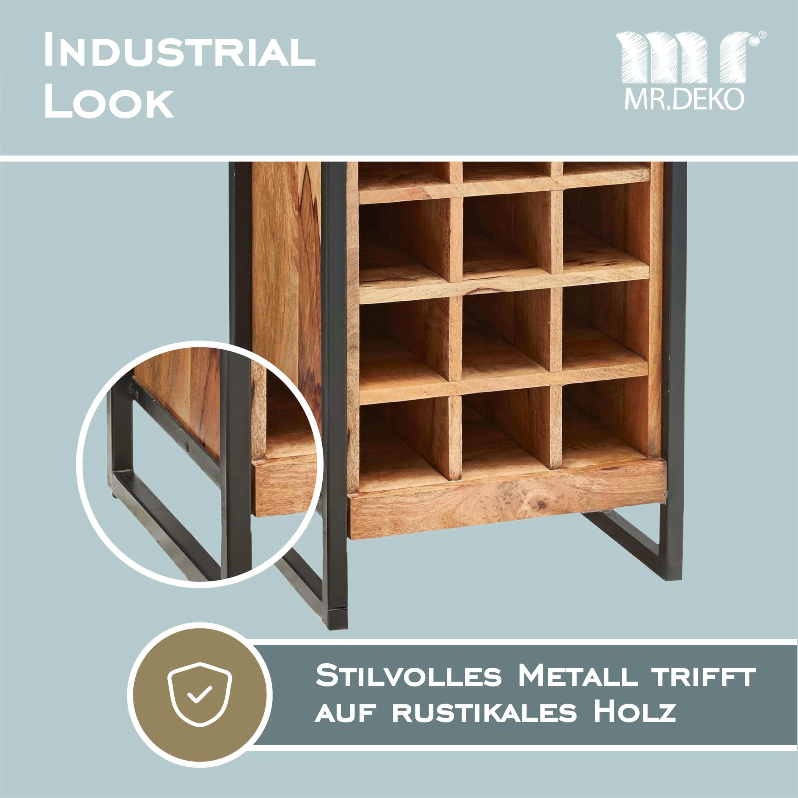 MR. DEKO® Exklusive Wein Kommode aus Mango Holz | Weinschrank mit Stauraum & Hängeeinsatz | Industrial Look Bar Regal | (Wein) Flaschen-Regal für 12 Flaschen | Vintage Design | 51x40x120cm