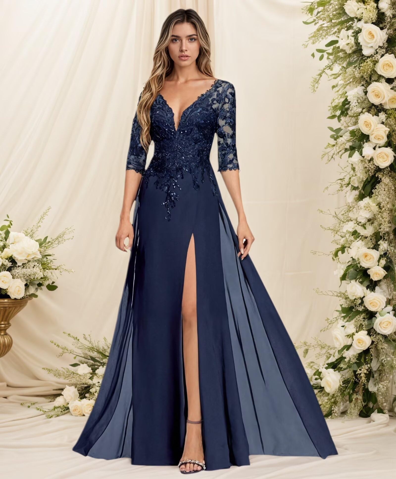 Sincemeet Abito da Sposa per la Madre della Sposa in Chiffon con Applicazioni in Pizzo e Scollo a V, Abito da Donna per la Madre dello Sposo