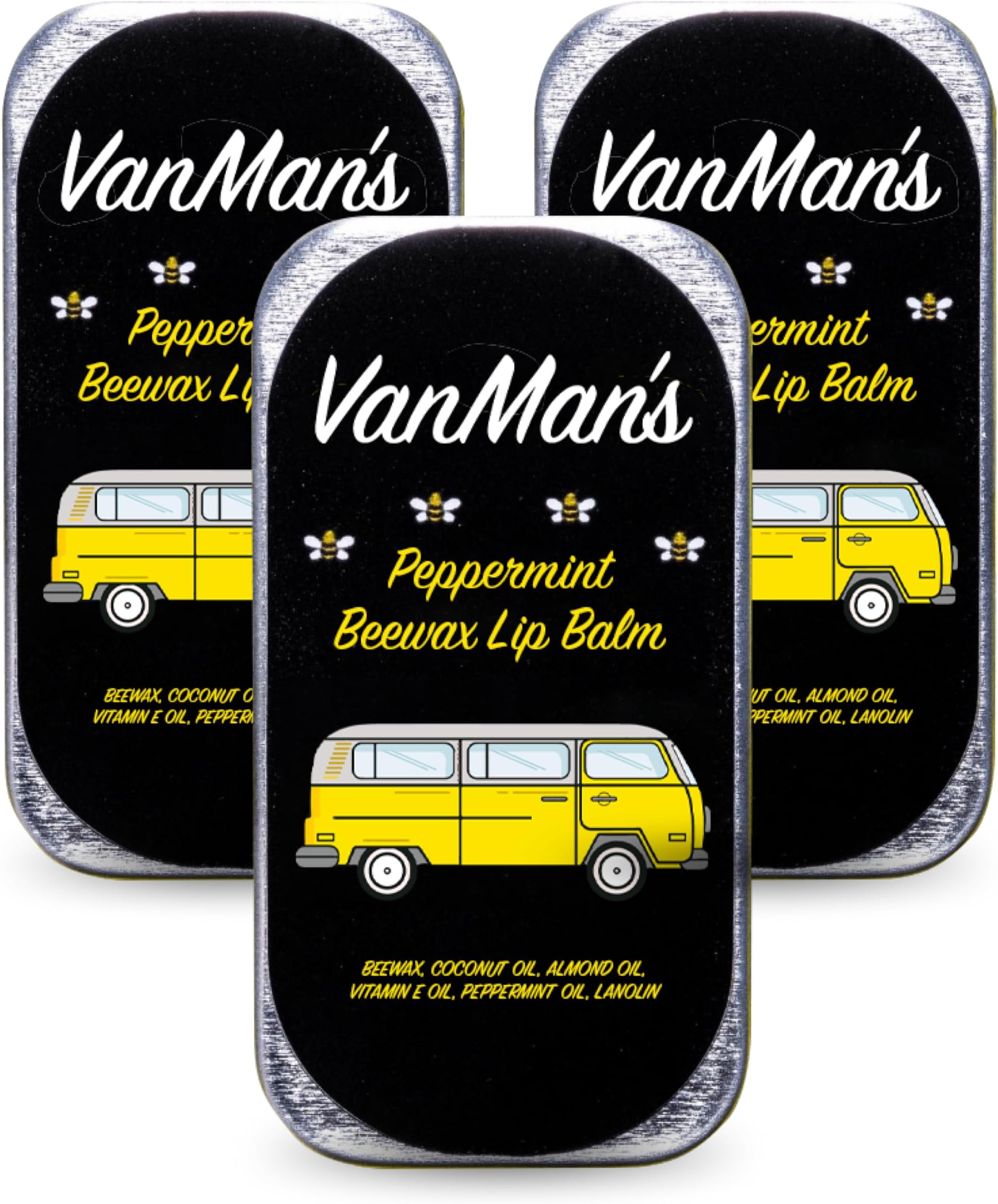 Vanman’s - Handmade Peppermint Beeswax Lip Balm (3 Pack) - Peppermint Balm with Rosemary, Almond and Coconut Oil - Bee Balm with Vitamin E - Ideal for Dry Lips