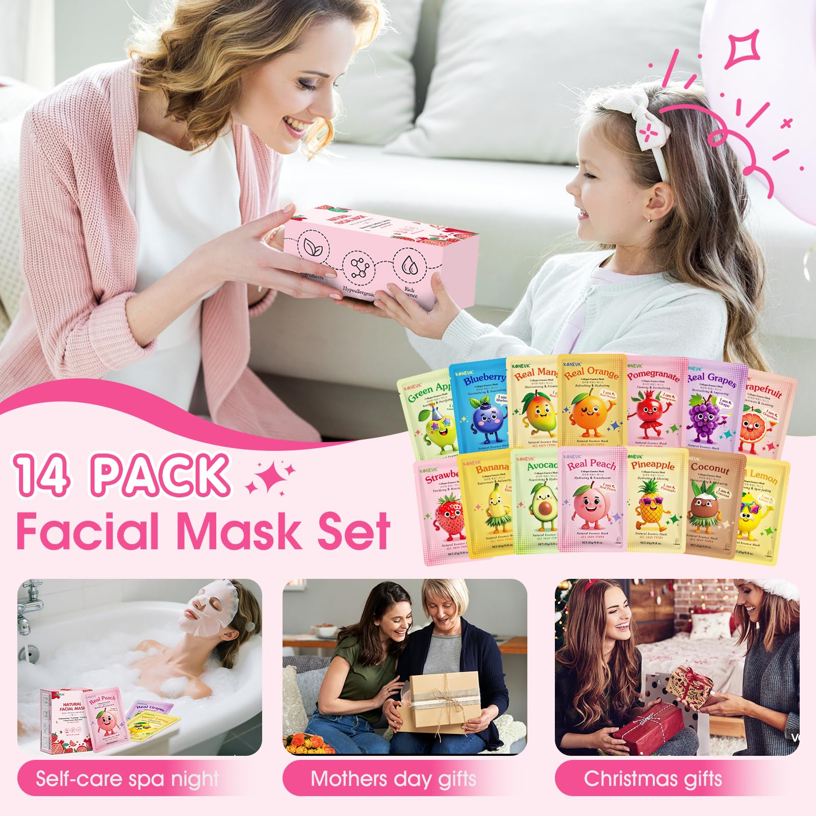 KONEUK Paquete de 14 mascarillas faciales de frutas para el cuidado de la piel de los niños, mascarilla hidratante para todo tipo de piel, máscara facial suelta de colágeno para
