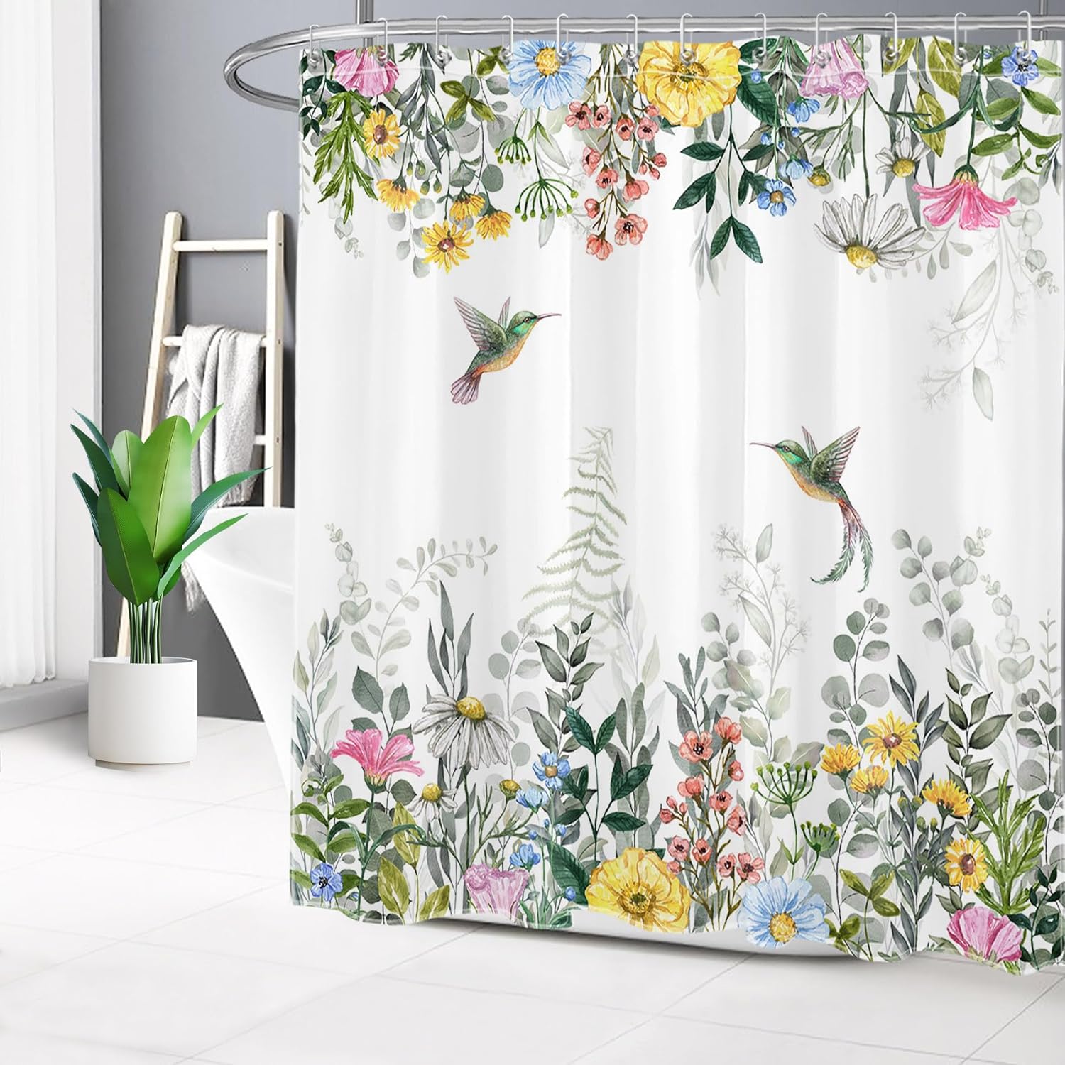Colorful Flower Shower Curtain Sets with Rugs Watercolor Wildflower Green Leaf Plant and Hummingbird on White Fabric Shower Curtain with Hooks Rustic Nature Bathroom Curtains Shower Set, 72x72 inches