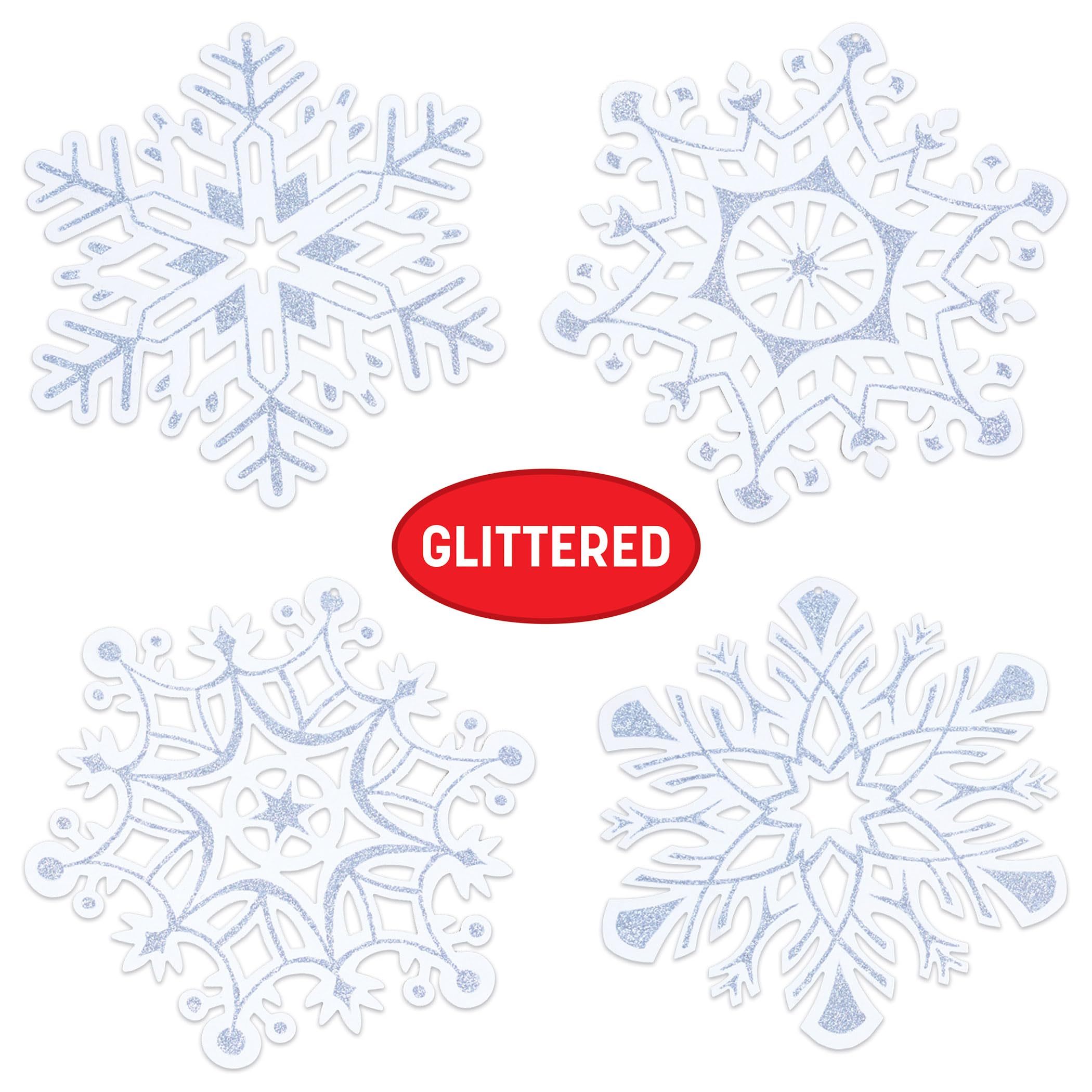 A Beistle Creation 20369 Pkgd-Cortes de Copos de Nieve con Purpurina, Papel, Blanco/Plateado
