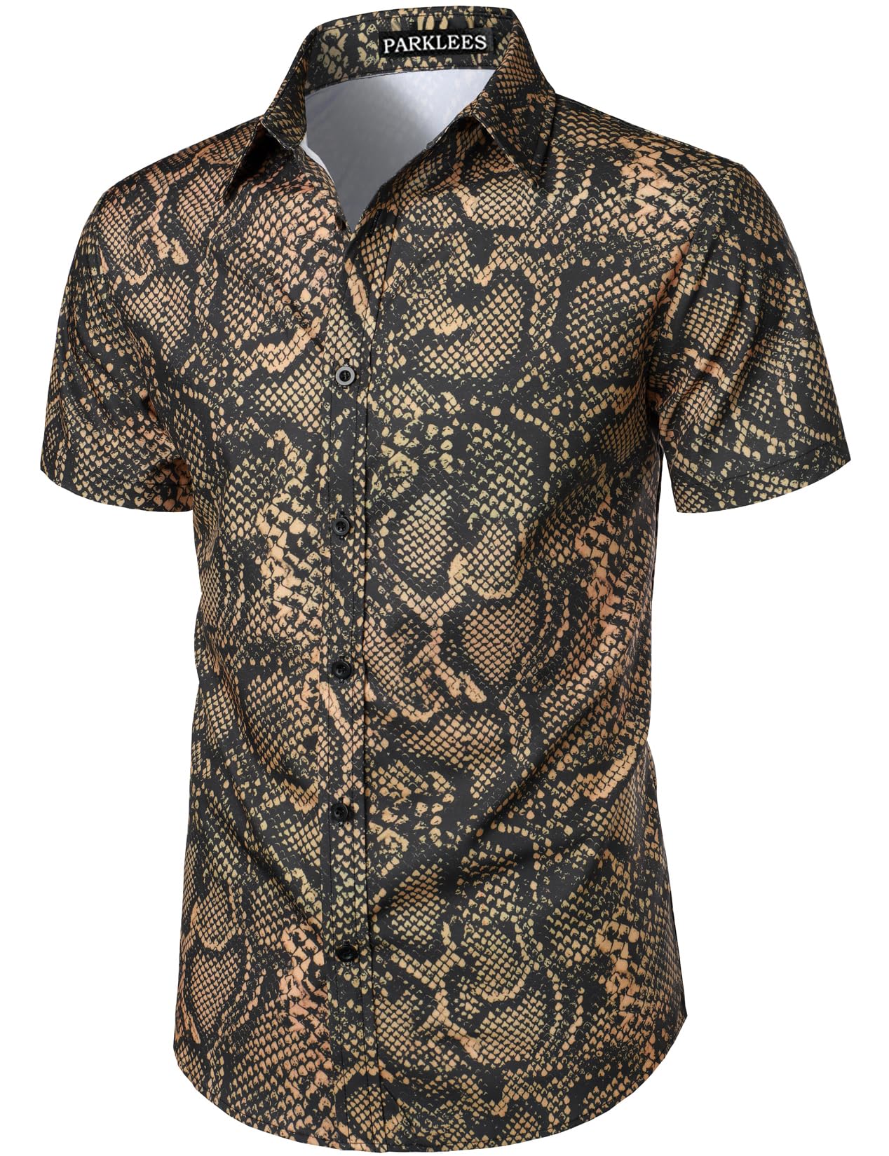 PARKLEES Camisa de manga corta con estampado de leopardo para hombre, informal, con estampado de guepardo, camisa abotonada