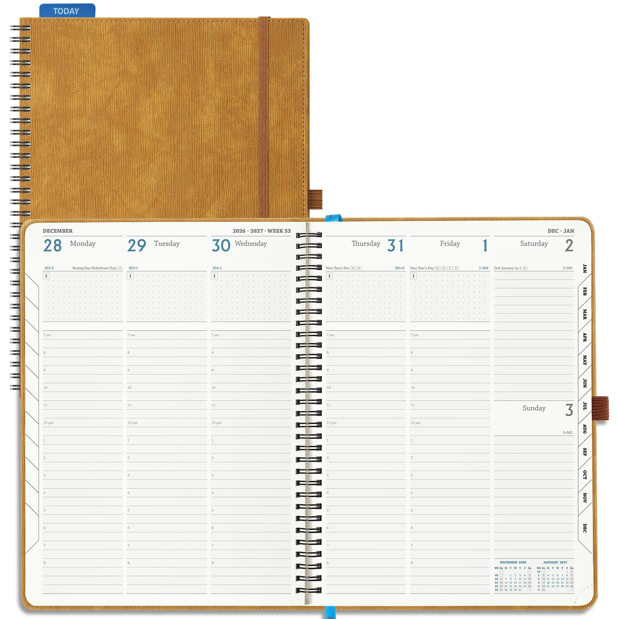 IN-LUXPRO Academic Diary 2026-2027 Week to View A4 Large(29x21.5 cm) Spiral 18 Months (Jul'26 - Dec'27) Mid Year Diary 26/27 Vertical Weekly Planner with Timeslots& Month Tabs, PU Leather Caramel