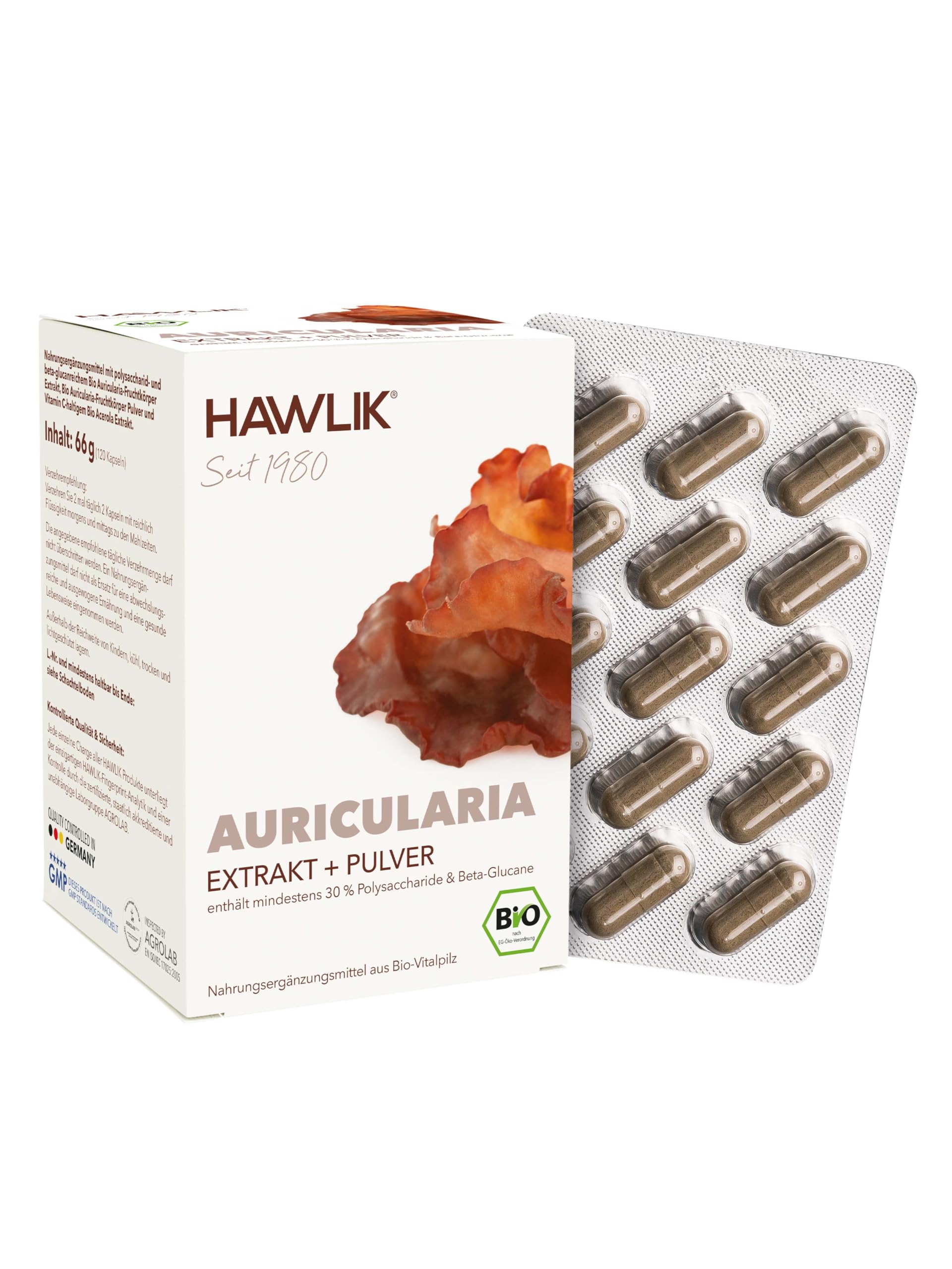 HAWLIK Vitalpilze Bio Auricularia Extrakt+Pulver Kapseln - 120 Kapseln im Blister - Mit Vitamin C - Extrakt & Pulver - Natürlicher Anbau - Vegan