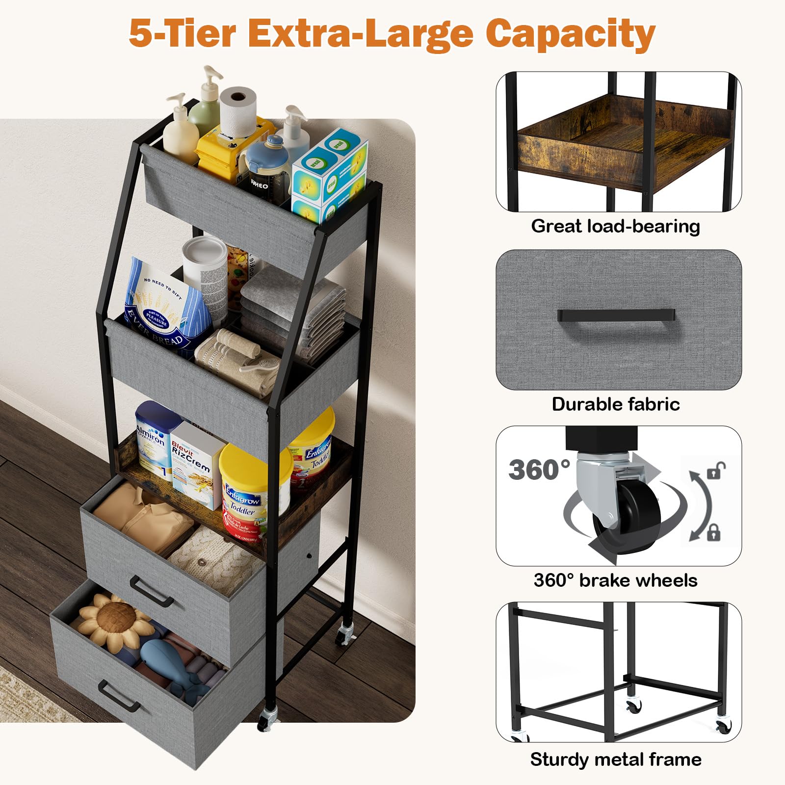 Organizador de Pañales Móvil de 5 Alturas, Cómoda con Ruedas y 2 Cajones para Artículos de Bébé, Organizador de Pañales Móvil de Madera y Metal para Habitación Bebé, Dormitorio (Nero)