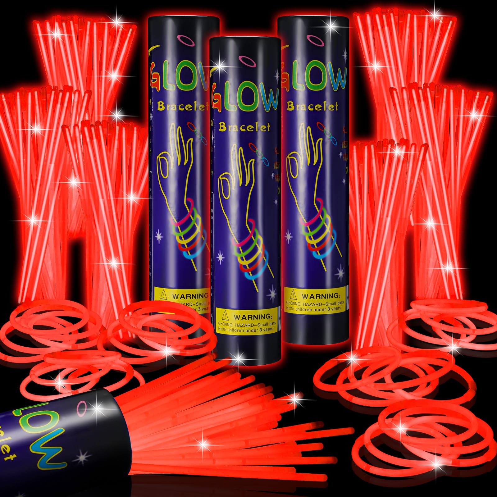 Hestya 300 Barras Luminosas 20 cm Palos de Neón de Luz con Connectores Pulseras Collares Accesorios de Fiesta Suministros Divertidos Brillan en Oscuridad para Adultos Concierto Cumpleaños (Rojo)