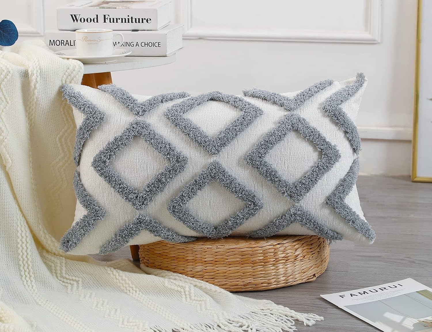 NUYECY Diamond Pattern Long Pillow Covers 14 x 26,Plush Chenille Decorative Long Lumbar Pillow Case Pillow Covers Cushion Case for Sofa Couch Bed Livingroom Farmhouse,Modern Boho,Grey