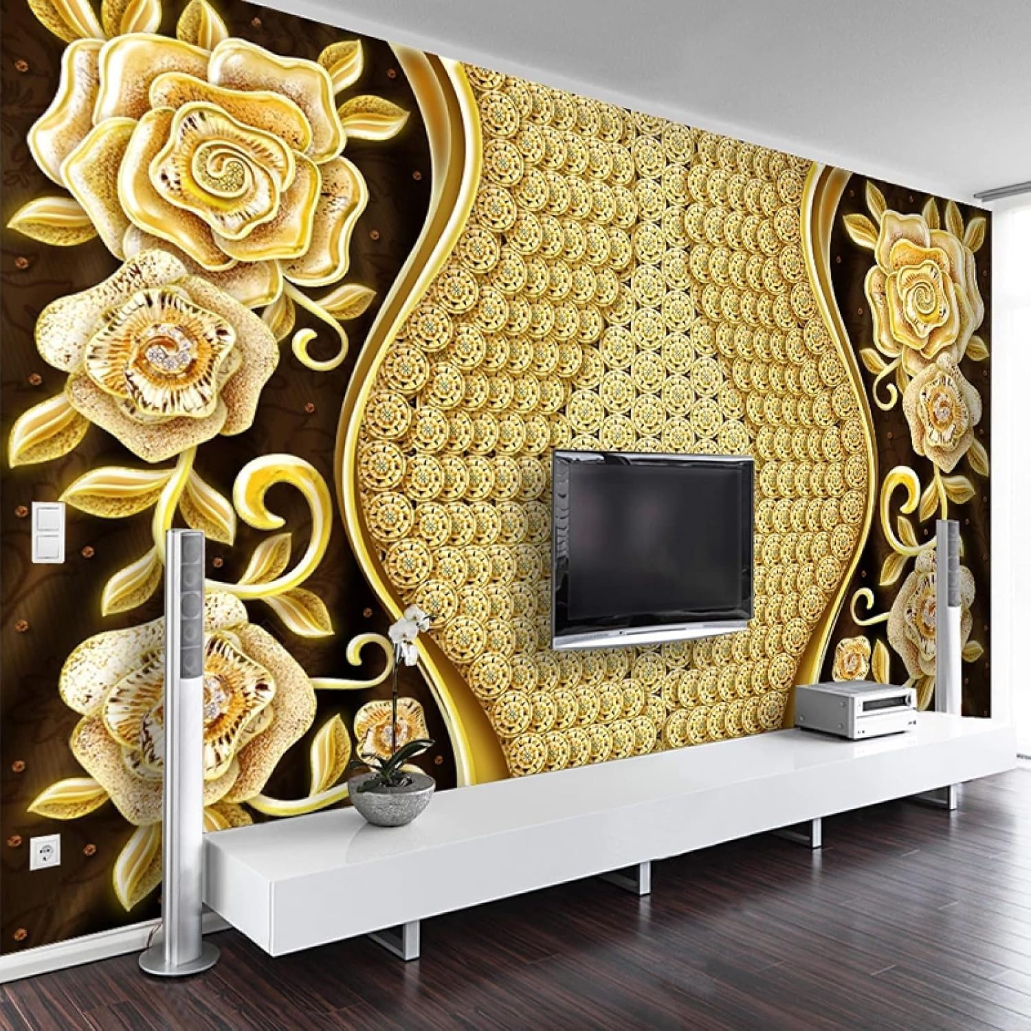 Luxury Golden Flower Photo Wallpaper Mural, Modern Flower Plant Leaves Mural Wallpaper, Wall Decor for Living Room Bedroom Study TV Background Mural - 196.85"x 124.8"(W x H)