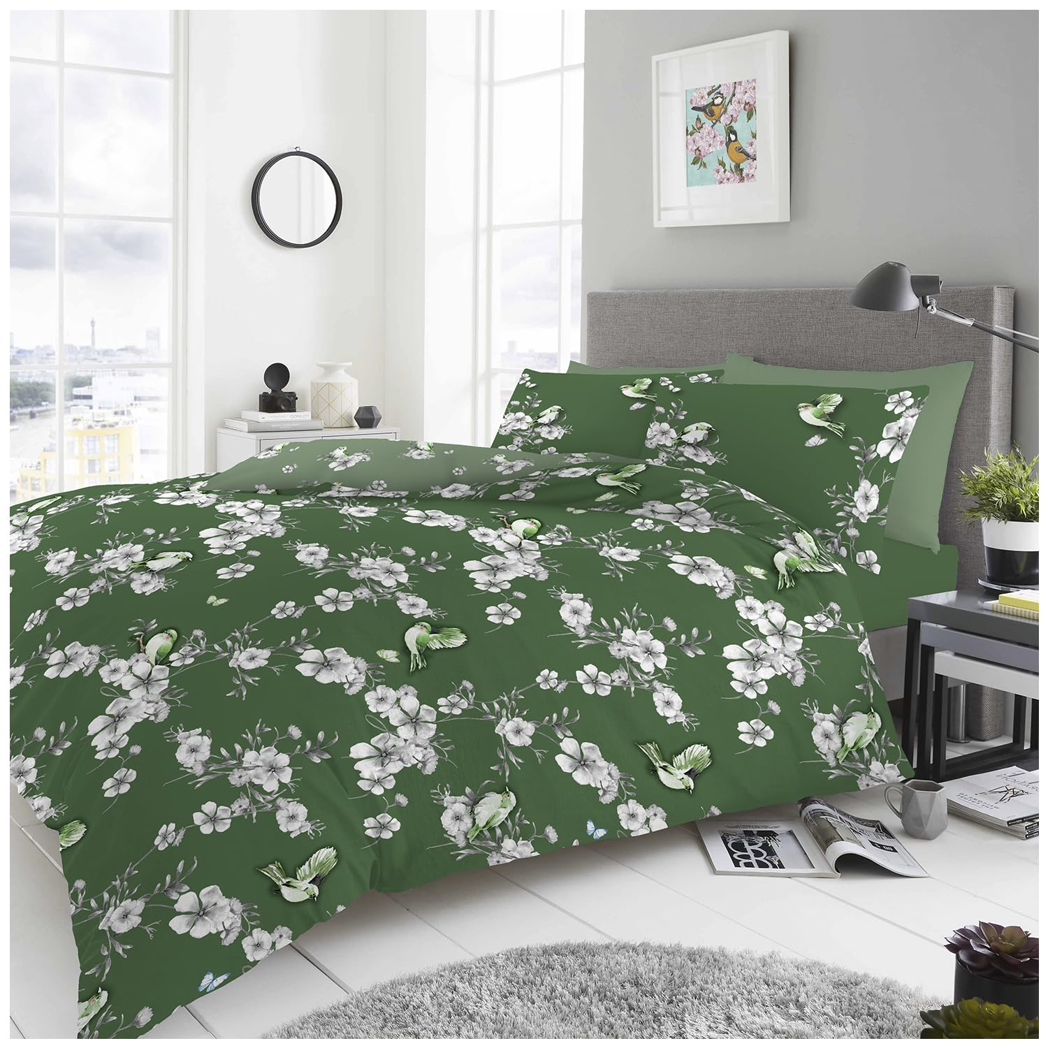GC GAVENO CAVAILIA Birdie Blossom Duvet Cover Sets | Sparrow Kingsize Quilt Bed Cover Set With Matching Pillowcases | Reversible Polycotton Floral Bedding Set | Green