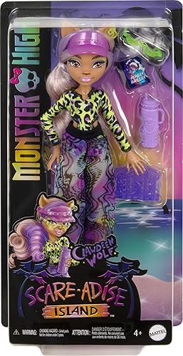 Miniatura 6 de Monster High Scare-adise Island Clawdeen - Muñeca lobo con traje de baño, pantalones deportivos y accesorios de playa como visera, botella de agua y