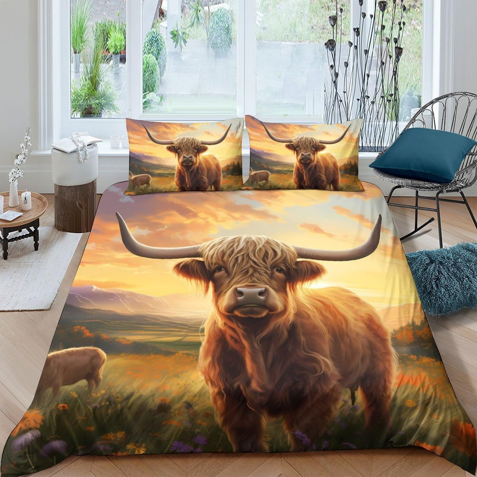 Ctjqhvkz Style-2 3D Printed Highland Cow Sunset Fitted Sheet Microfiber Soft Breathable Pastoral Bed Cover For Bedroom Guest Room Decor Single（135X200cm）