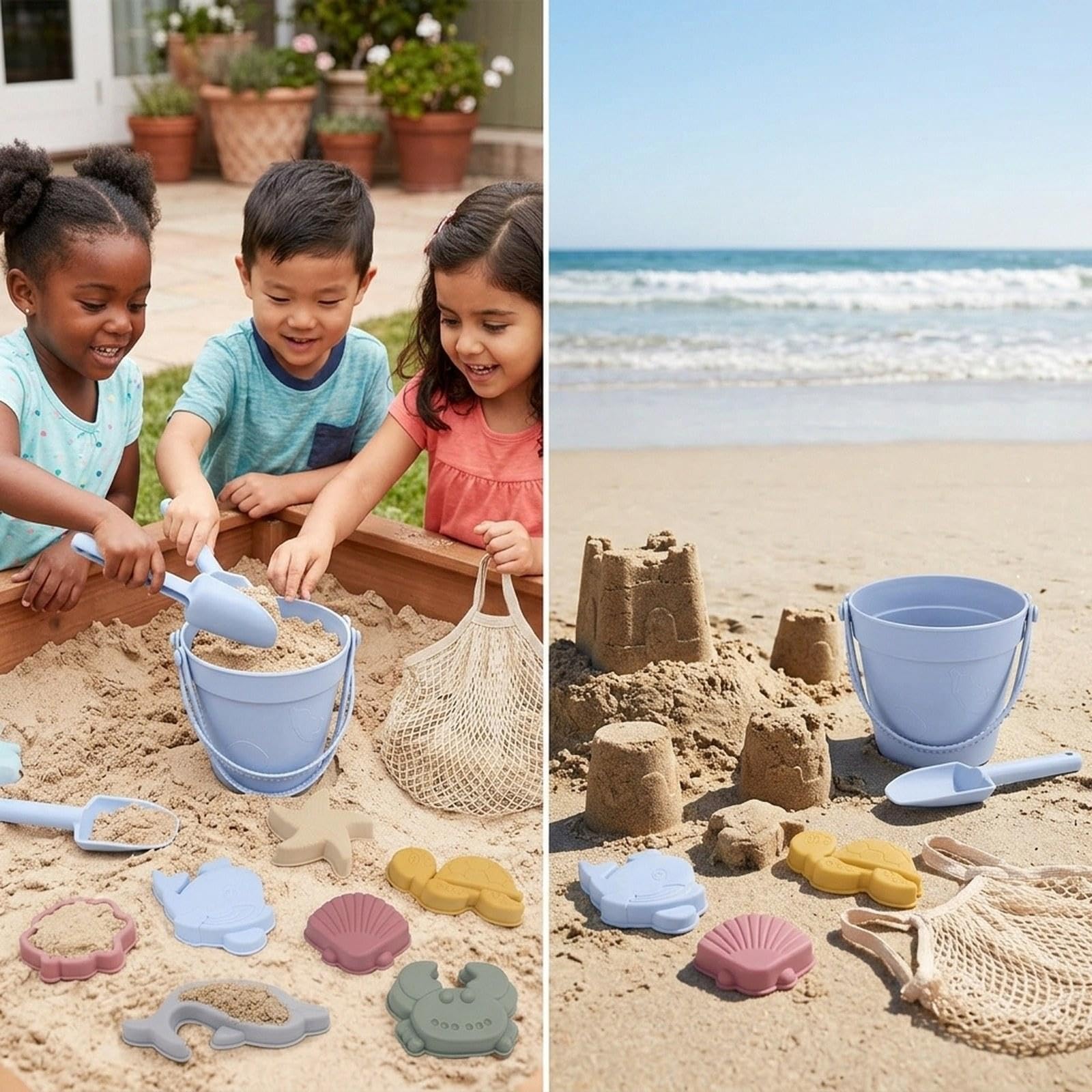 Juguetes de Playa Infantil Cubo Arena Oceánicos Bolsa Silicona Resistente Portátil Fácil de Lavar Adecuado para Playa Jardín Juegos Ni, Violeta Claro, tal como se describe