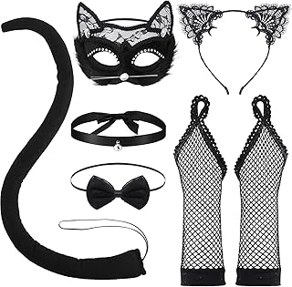6 Pcs Black Cat Costume for Women, Cat Masquerade Eye Cover, Choker with Bell, Bow Tie, Elastic Fishnet Gloves, Lace Ears and Long Cat Tail for Girls Cosplay Dress up Accessory