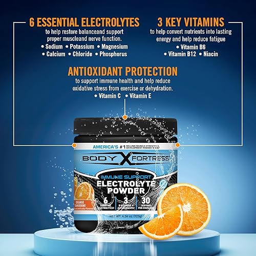 Miniatura 3 de Body Fortress Electrolyte Powder Orange Tangerine - Mezcla de bebida de hidratación rápida con 6 electrolitos esenciales y 3 vitaminas B, sin