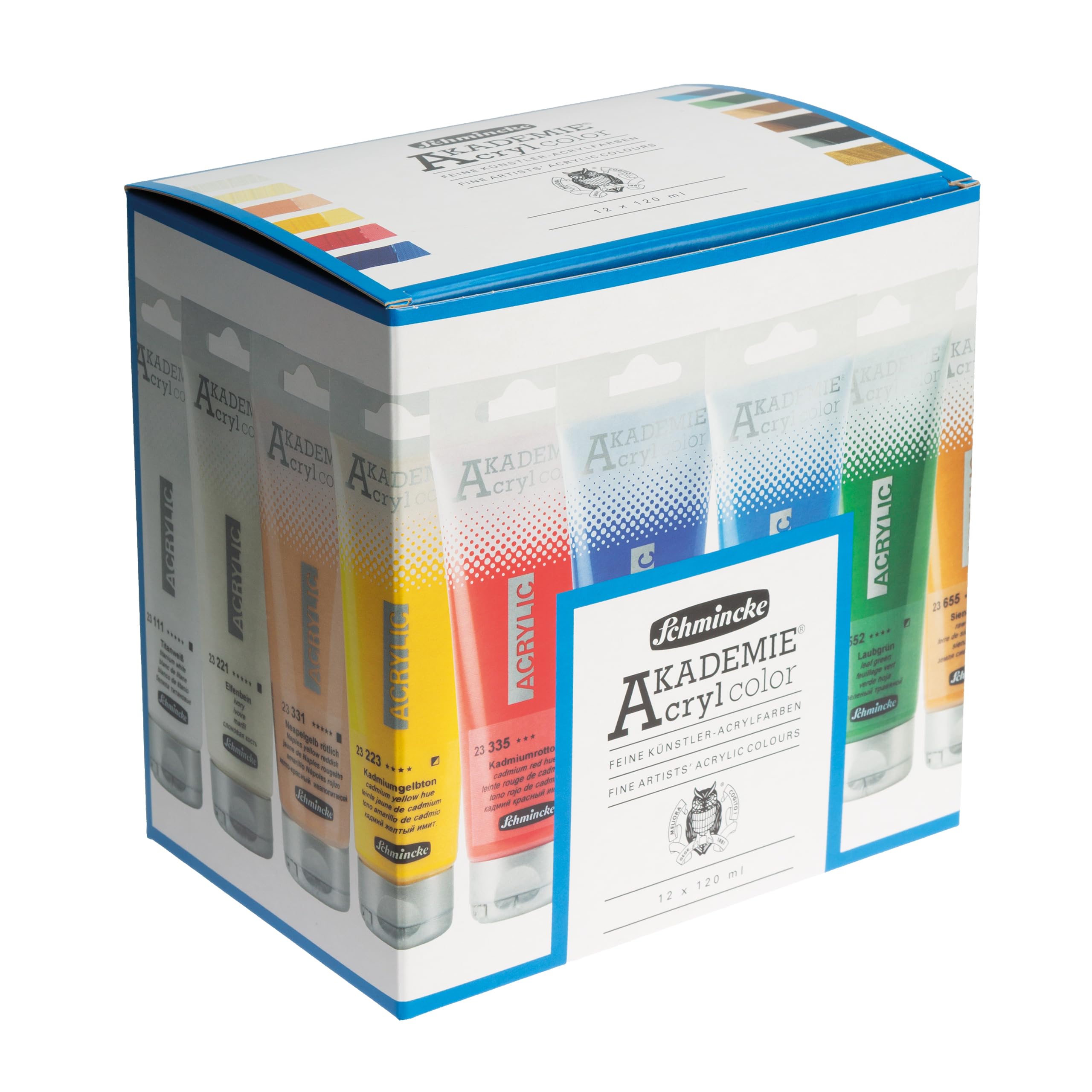 Schmincke AKADEMIE® 76 780 097 - Lote de 12 tubos de 120 ml, 12 colores brillantes y resistentes a la luz, colores acrílicos finos para artistas, sin cadmio, ideal para mezclar