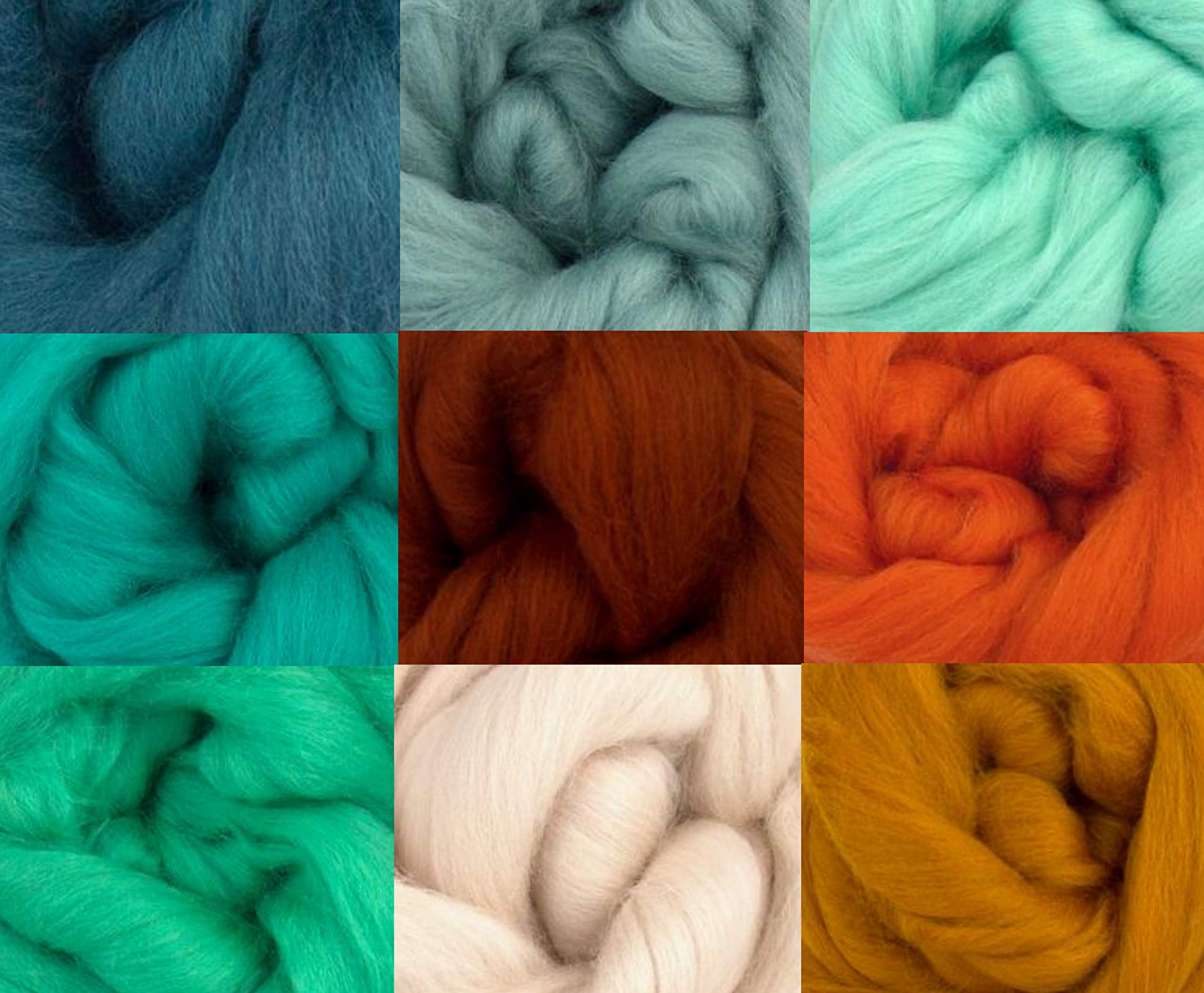 Molten Designs Amber & Teal - Pack of 9 Merino Felting Wools for Needle and Wet Felting
