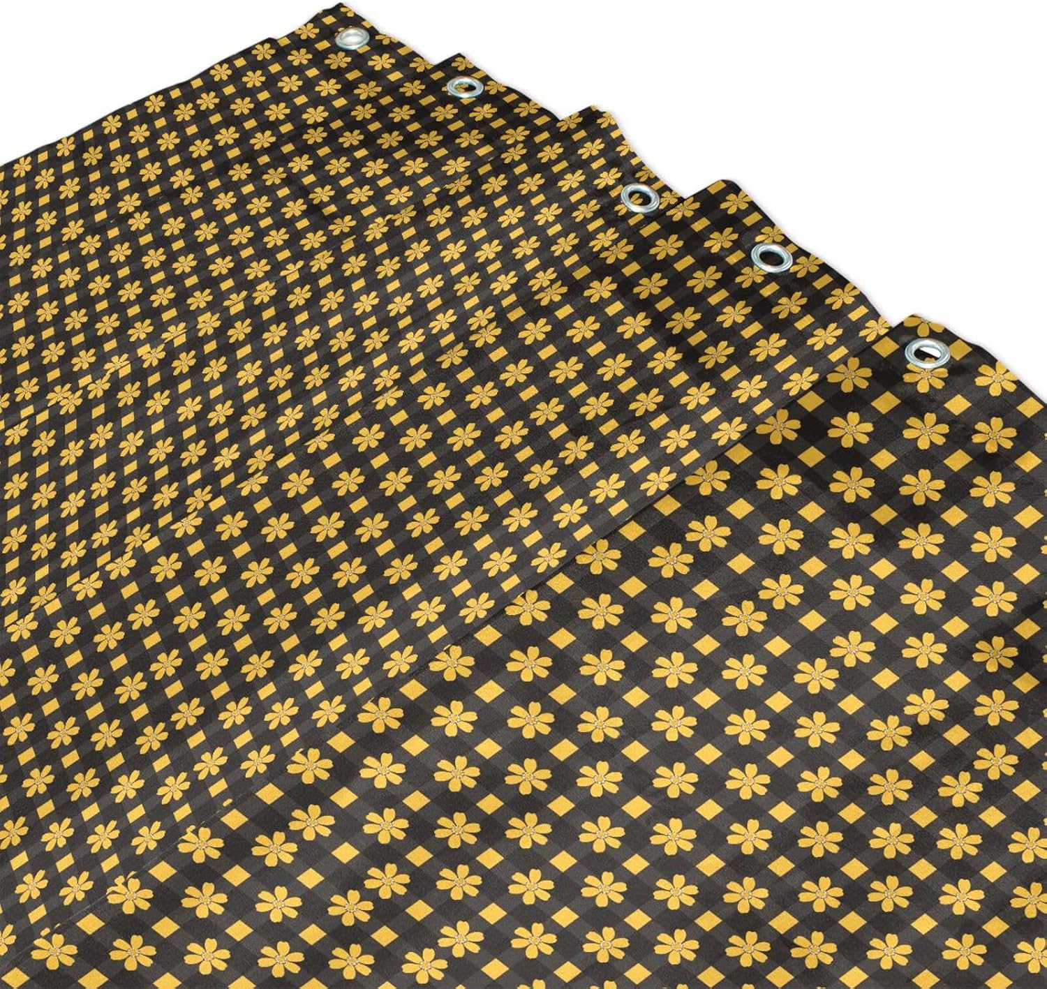 66x72 Inch Fabric Waterproof Bathroom Curtains Shower with Hook Black and Yellow Checkered Pattern Flowers Polyester Cloth Washable Tub Curtain Liner for Bathtub