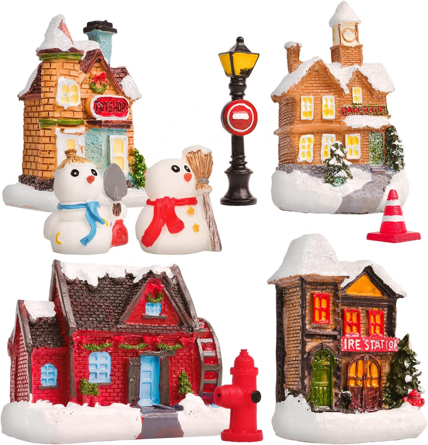 LOAVER Christmas Resin Miniature Ornament, 9pc Lighted Xmas Micro Landscape Ornaments Assorted Snowman, Houses for Kids Home Decoration