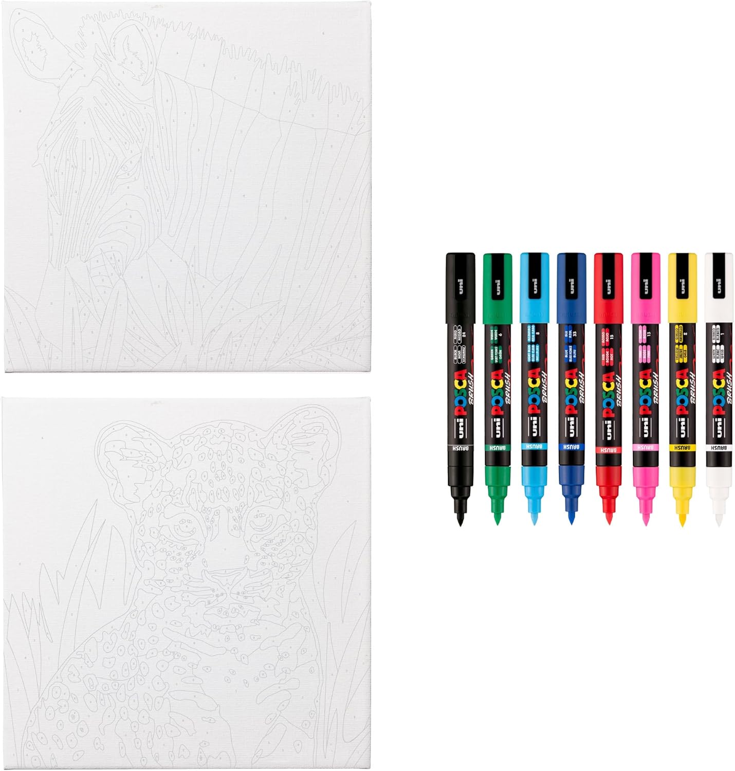 POSCA Canvas Paint by Number Kit, Rainbow Safari - 8 Acrylic Markers with 2 Pre-Drawn Canvases - Gift Set for Artists, Adults and Kids