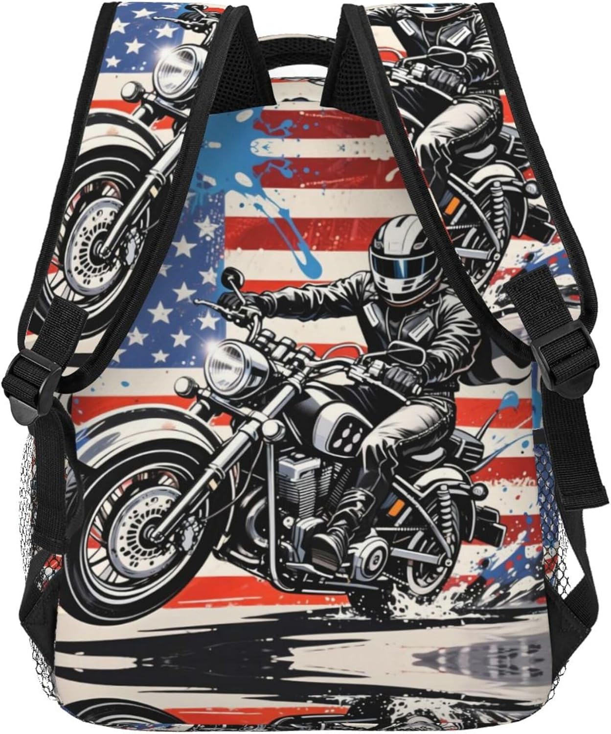 American Flag Motorcycle Lightweight Travel Backpack With Zipped Front Pocket Printed Laptop Bag Fashion Casual Daypack For Work, Hiking, Camping Unisex - Image 3