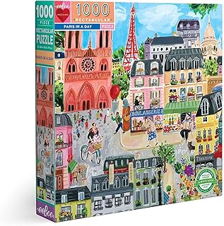eeBoo: Piece and Love Paris in a Day 1000 Piece Rectangular Adult Jigsaw Puzzle, Puzzle for Adults and Families, Glossy, Sturdy Pieces and Minimal Puzzle Dust