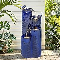 Autodaya 32" 4-Tier Ceramic Outdoor Water Fountain with LED Lights, Cobalt Blue Glaze, Embossed Ferns, Cascading Waterfall for Garden Patio