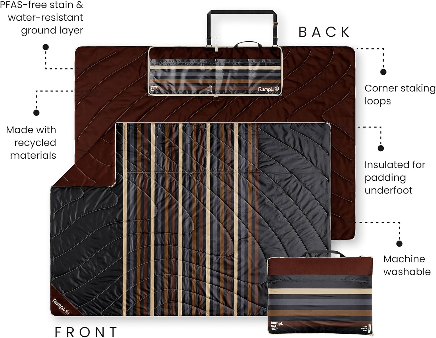 Rumpl Stash Mat Packable Picnic Blanket and Tote Bag, Mocha Mini Stripes