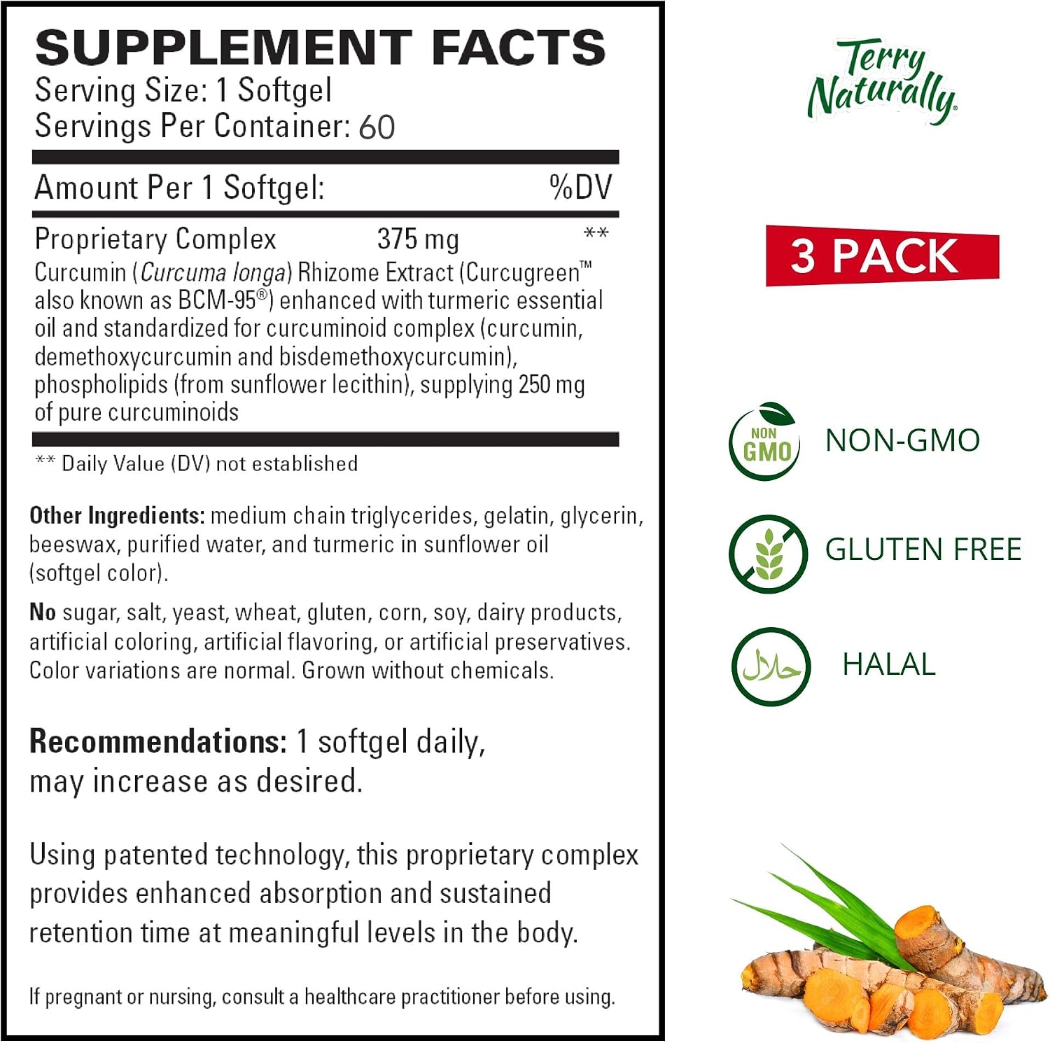 Terry Naturally CuraMed 375 mg (3 Pack) - 60 Softgels - Superior Absorption BCM-95 Curcumin Supplement, Promotes Healthy Inflammation Response - Non-GMO, Gluten-Free, Halal - 180 Servings