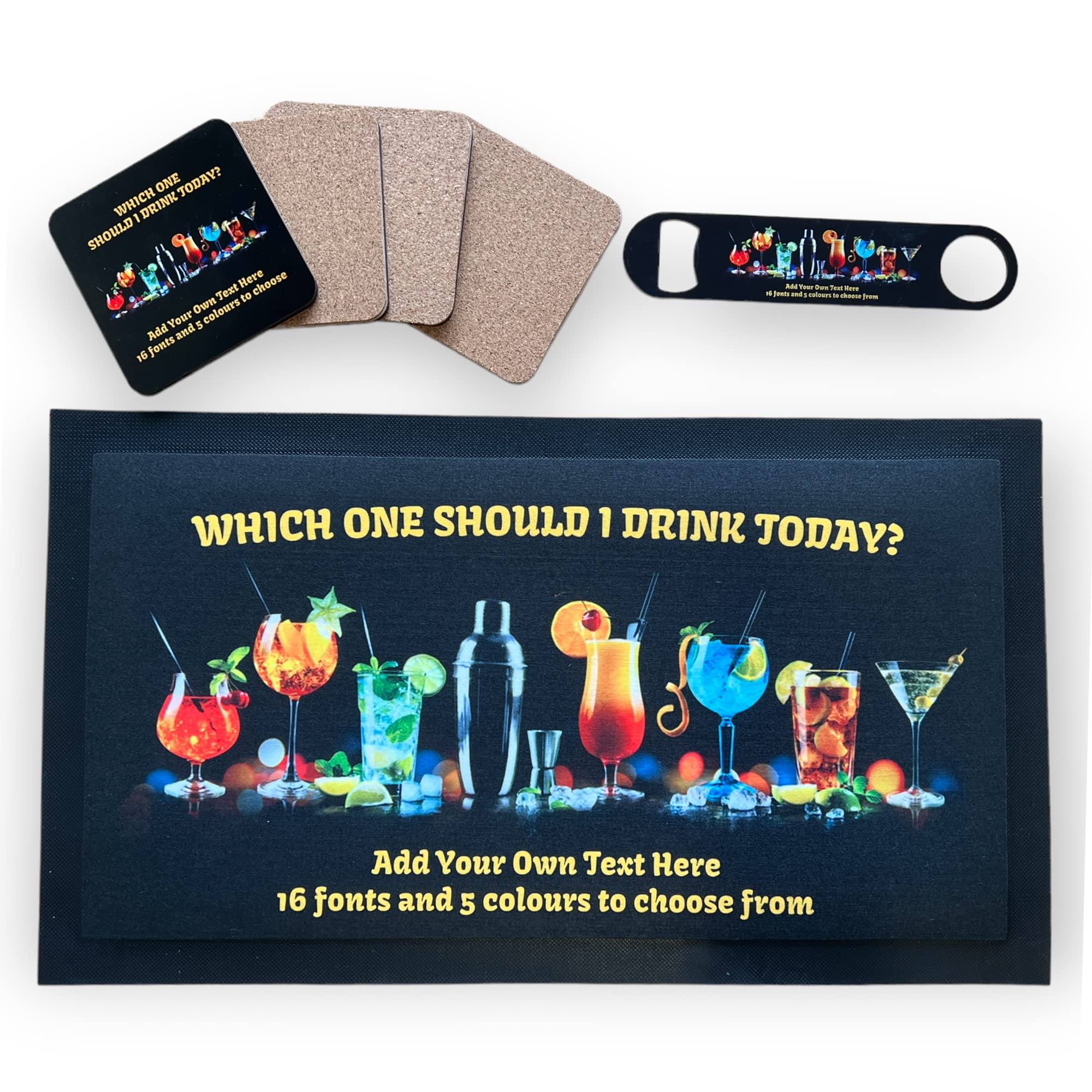 ShopQuality4U Personalise Cocktail Bar Runner Mat, optional: Matching Bottle Opener, Drinks Coasters, Gift Set | Beer Gifts Home Bar Accessories for Pub Bars Man Cave Him Her Gin Oclock