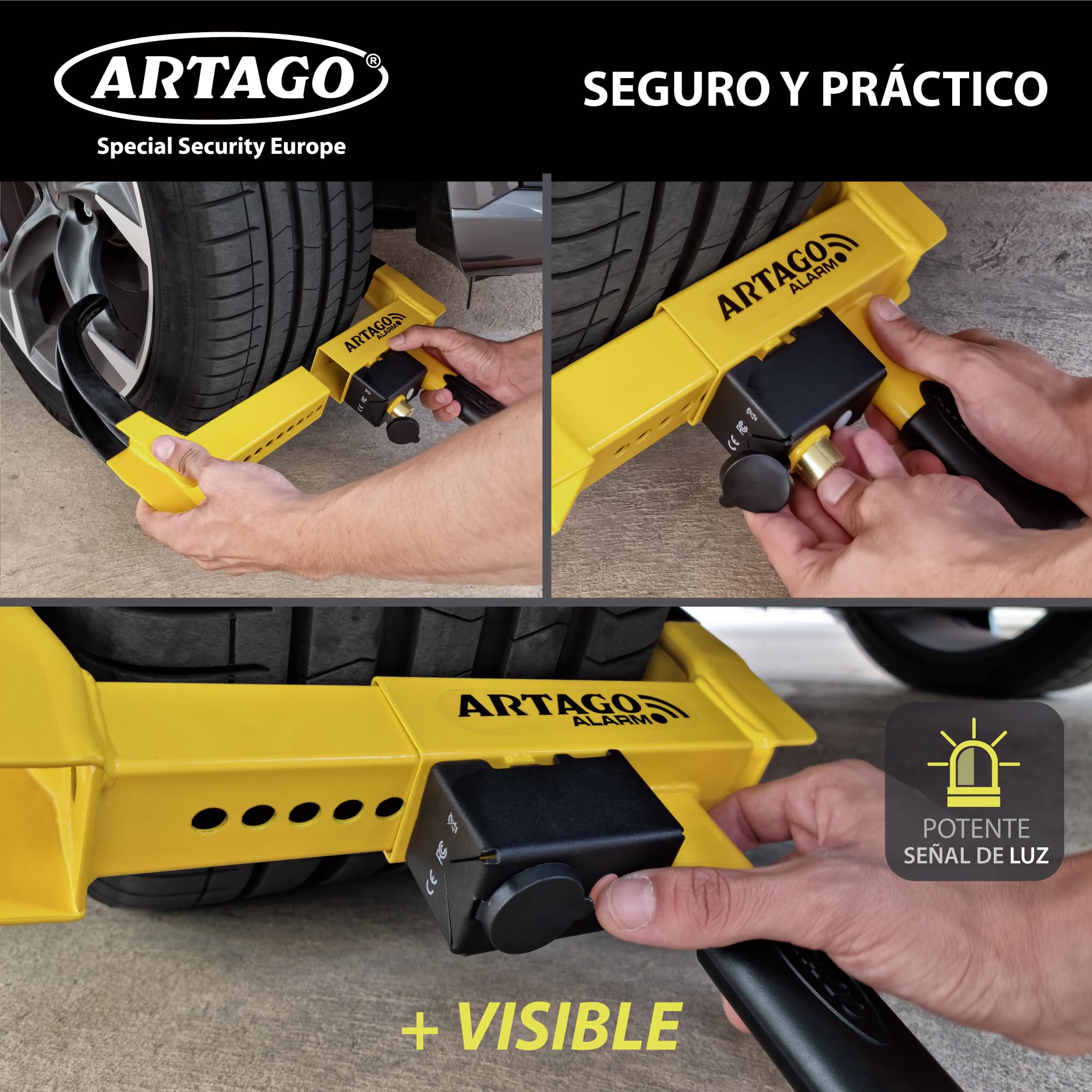 ARTAGO ART872 El Cepo Rueda Más Seguro y Disuasorio, Antirrobo Coche Remolque Caravana 2en1, Sin o Con Alarma 120db+LED Alerta Visible Noche, Doble Protección Antióxido Más Resistente, Universal