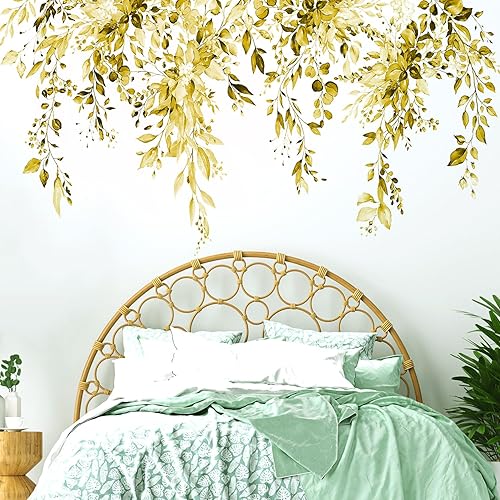 Miniatura 8 de Calcomanías de pared amarillas de hojas y plantas, despegar y pegar, calcomanías de vinilo de flores grandes, vid extraíble, decoración del hogar,