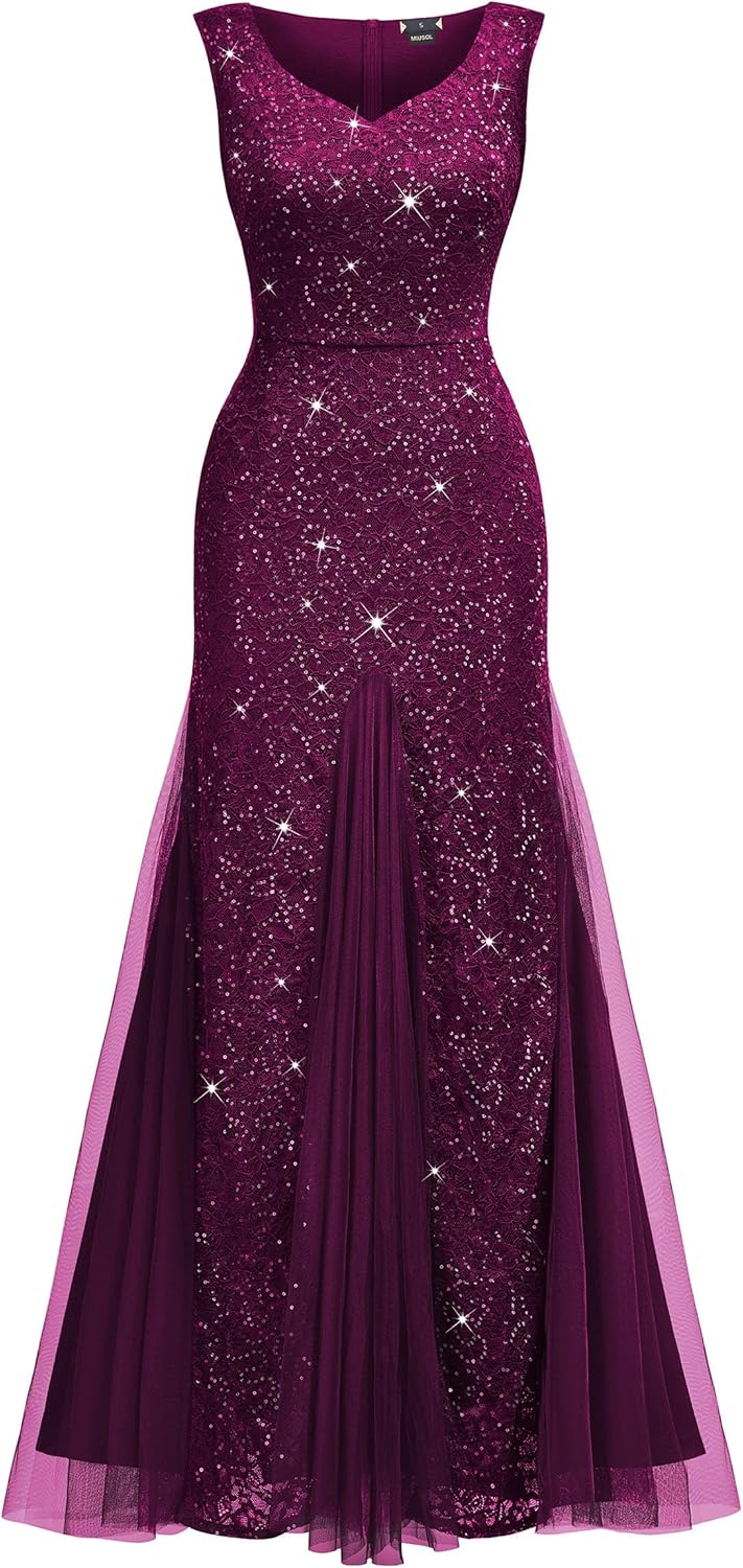 Miusol Women's Elegant V Neck Sleeveless Sequin Lace Evening Party Dress - Image 3