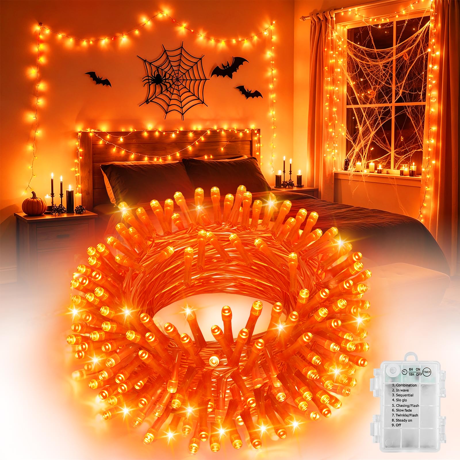 Halloween Lights, 100 LED 33Ft Orange Battery Fairy Lights with Timer