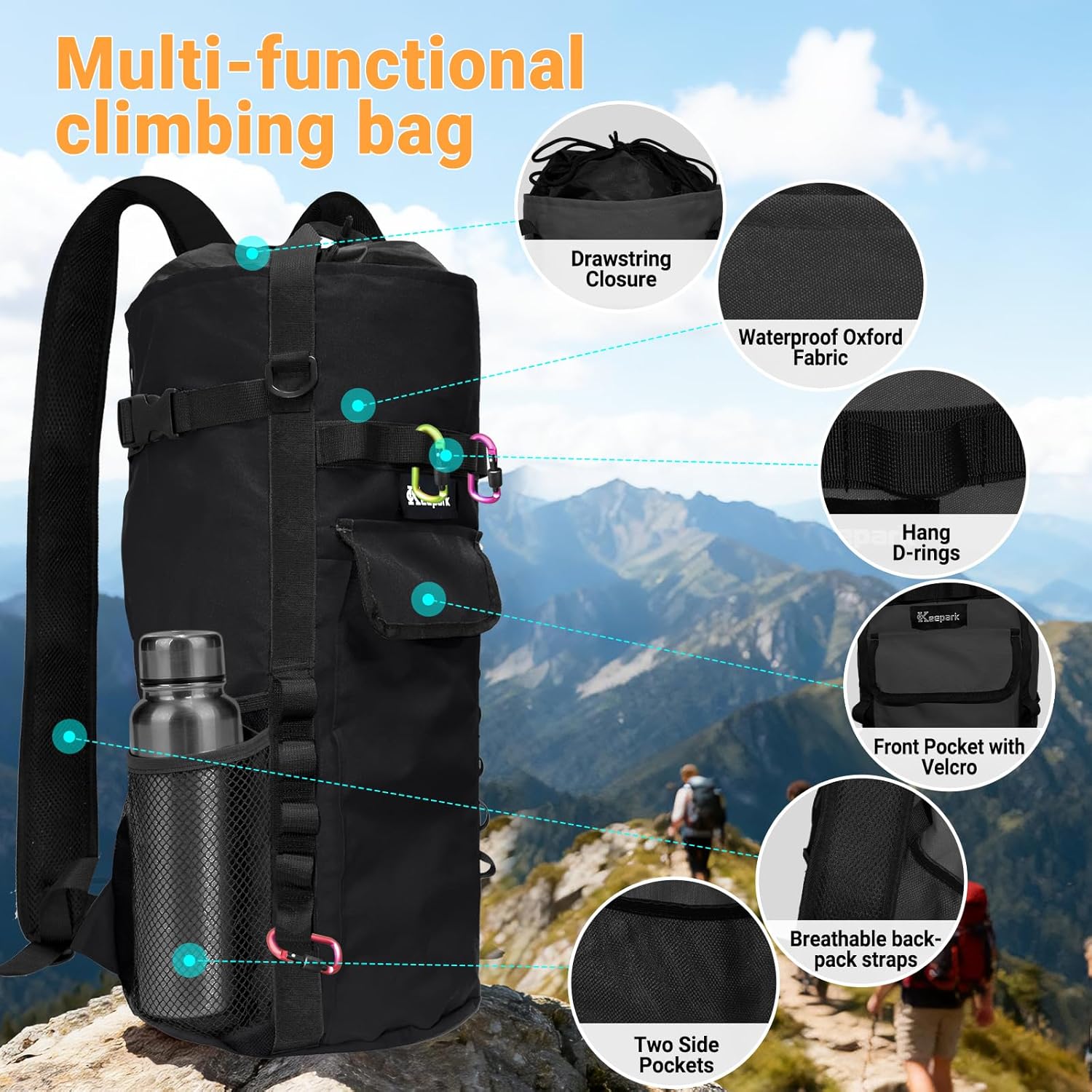 Rock Climbing Rope Storage Bag - Large Capacity Tree Rope Storage Backpack, Waterproof Oxford Outdoor Climbing Rope Bag With Adjustable Shoulder Straps - Black