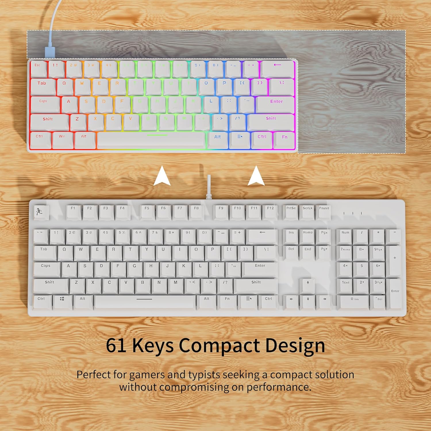 Newmen GM611 Mechanical Keyboard,Rainbow LED Backlit Gaming Wired Keyboards Compact Mini 61 Keys Portable 60 Percent Mechanical Keyboard with White Keycaps,for Windows Laptop PC Linear Red Switches