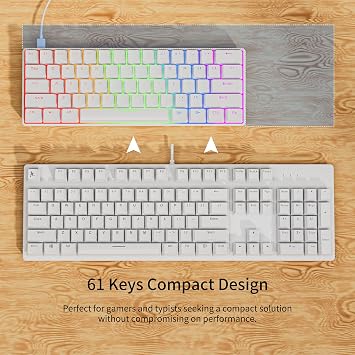 NEWMEN GM611 Gaming Keyboard,60% Percent Mechanical Keyboard Red Switches | 61 Keys,LED Backlit,Anti-Ghosting,White Keycaps ,Wired Gaming Keyboard,Qwerty,PC, Windows, Gamer, Office, Typist Red Switches