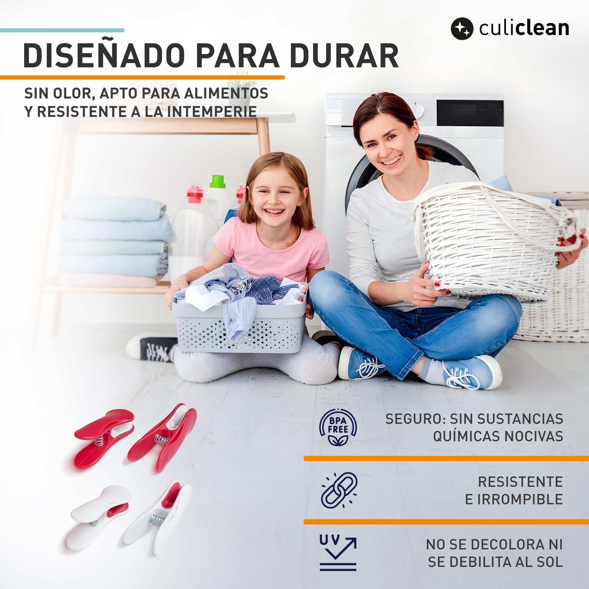 culiclean - Pinzas para la Ropa prémium, Varios Modelos, plástico, Azul clásico y Blanco., 40 Unidades