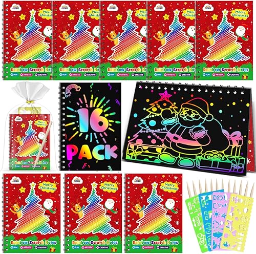 ZMLM Recuerdos de fiesta de arte de rascar de Navidad paquete de 16 cuadernos de arte de rasguño arcoíris a granel para niños, regalos de fiesta de