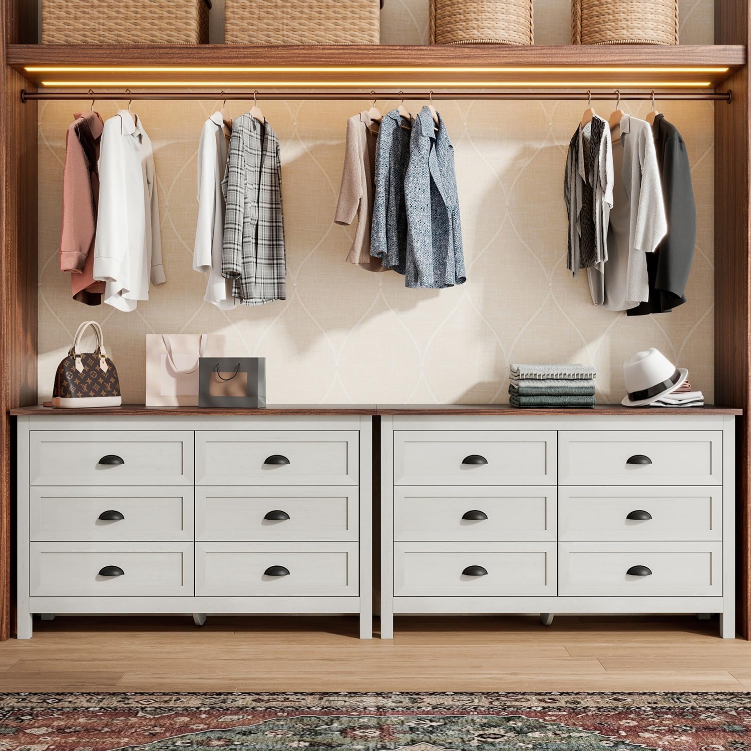 Wananlanen® Farmhouse Dresser for Bedroom, Antique Double Dresser & Chest of Drawer with Vintage Handle and Storage, Wooden Tall Rustic Organizer for Bedroom (Antique White, 6 Drawer)