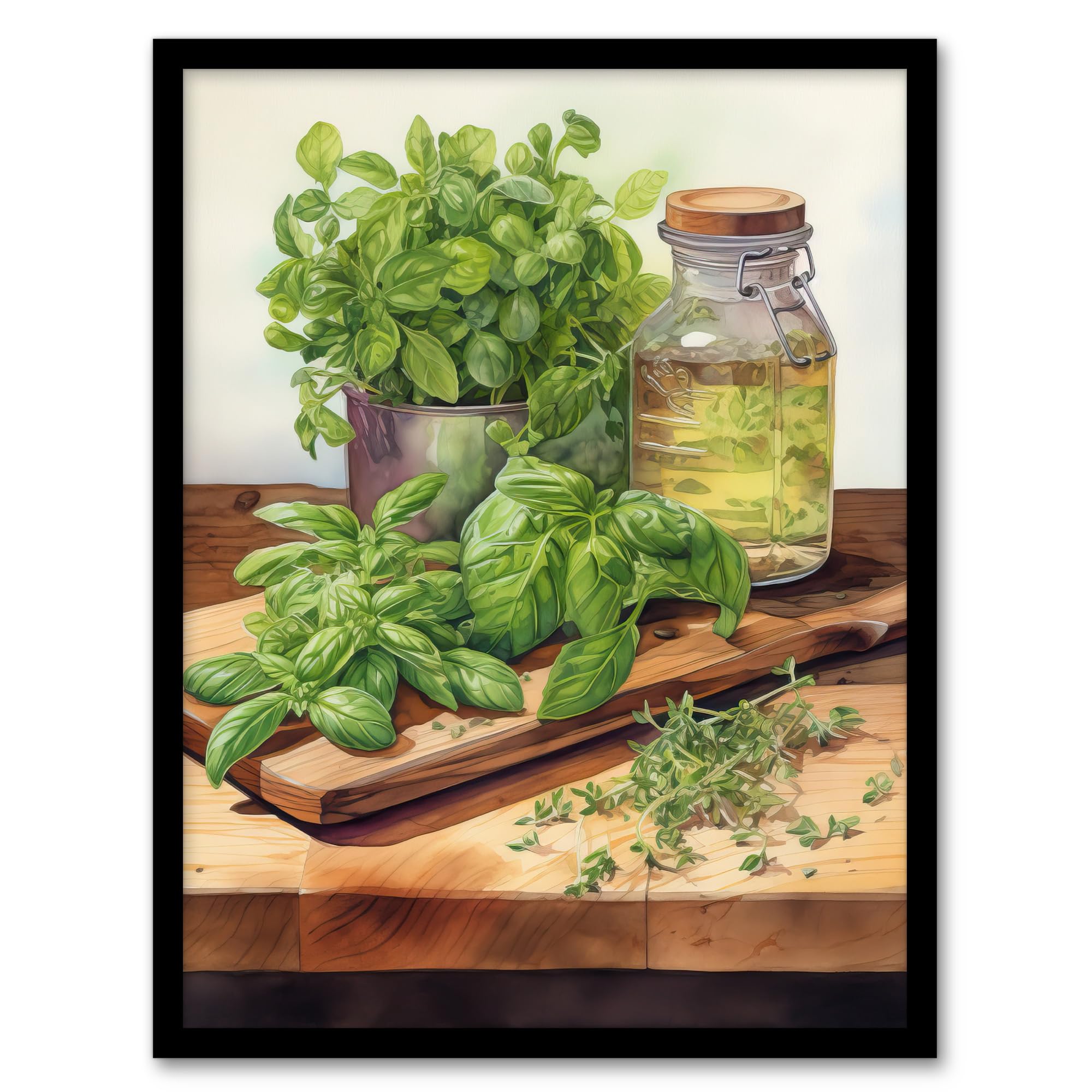 Artery8 Country Kitchen Art Watercolour Basil Herb Still Life Study Painting Artwork Framed Wall Art Print A4