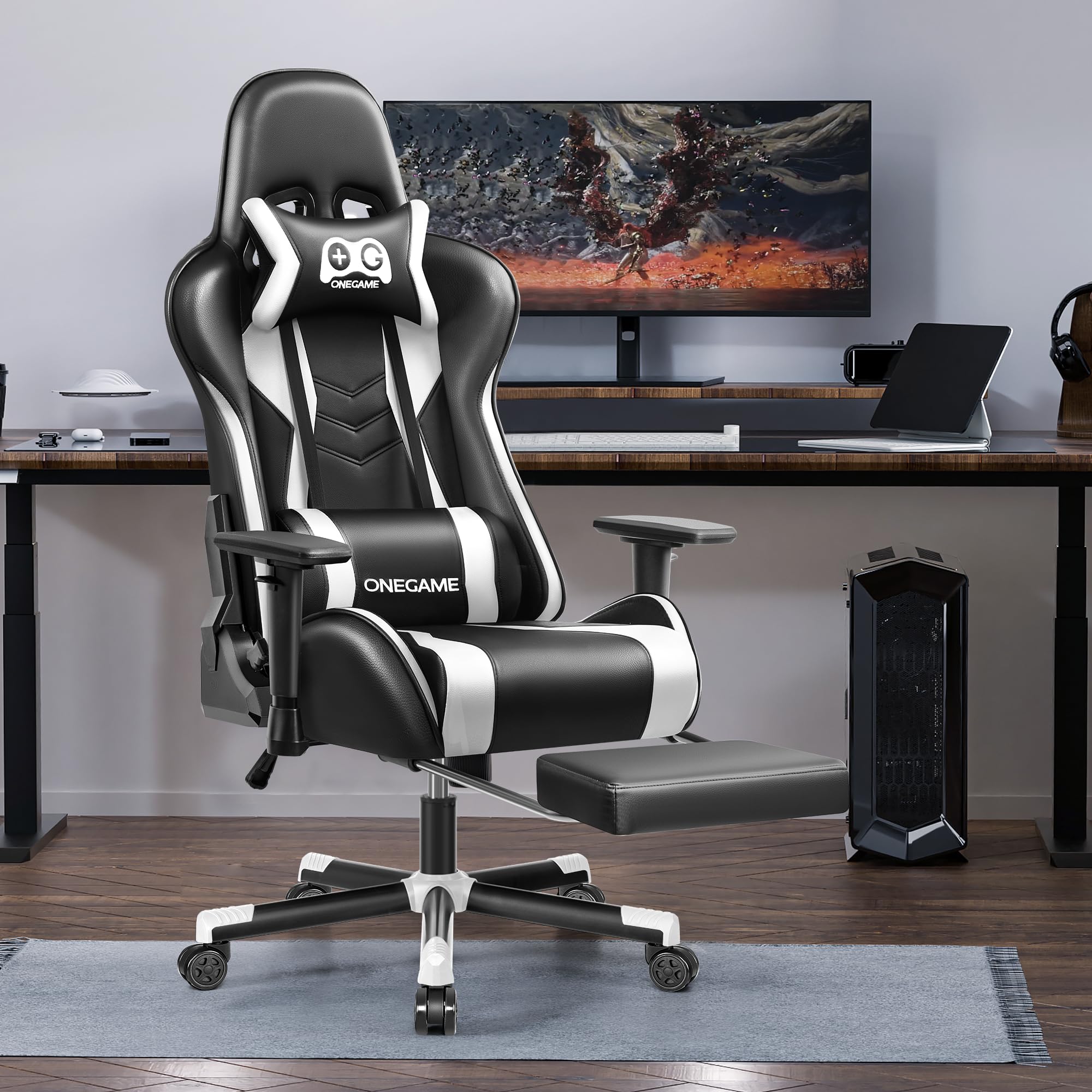 OneGame Sedia Gaming con Poggiapiedi, 3D Braccioli Sedia Gamer grande alta, Ergonomica Regolabili in pelle PU, PC videogiochi Ufficio, 150-200KG, Bianco