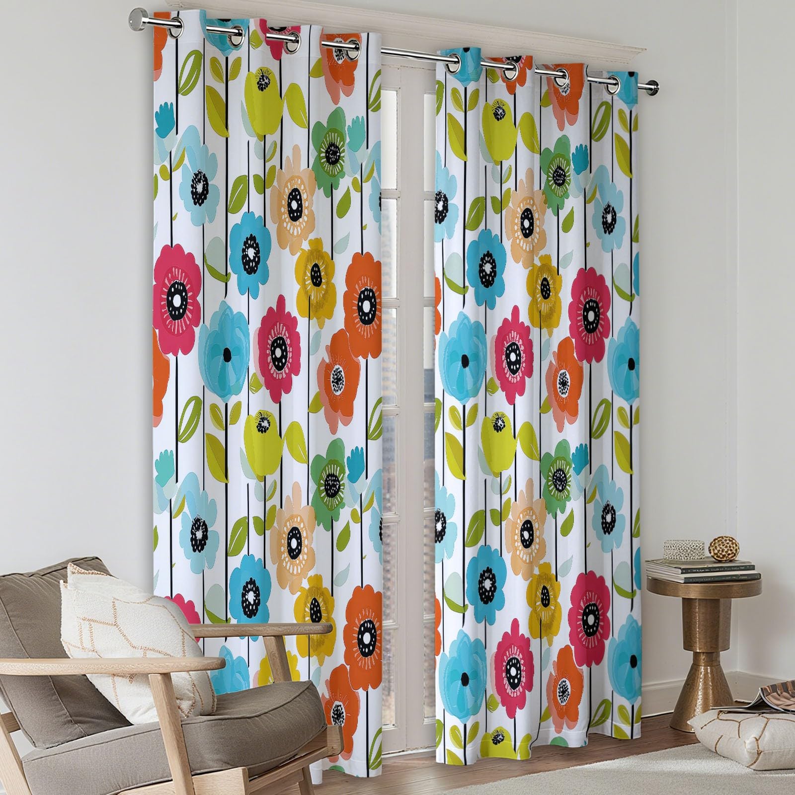 Geometrische Blumen Blickdicht Vorhänge Retro-Mittelalter Ösenvorhang 2er Set H229 x B117 cm, für Wohnzimmer Schlafzimmer Weiß Gardinen Blickdicht Thermovorhang Kälteschutz